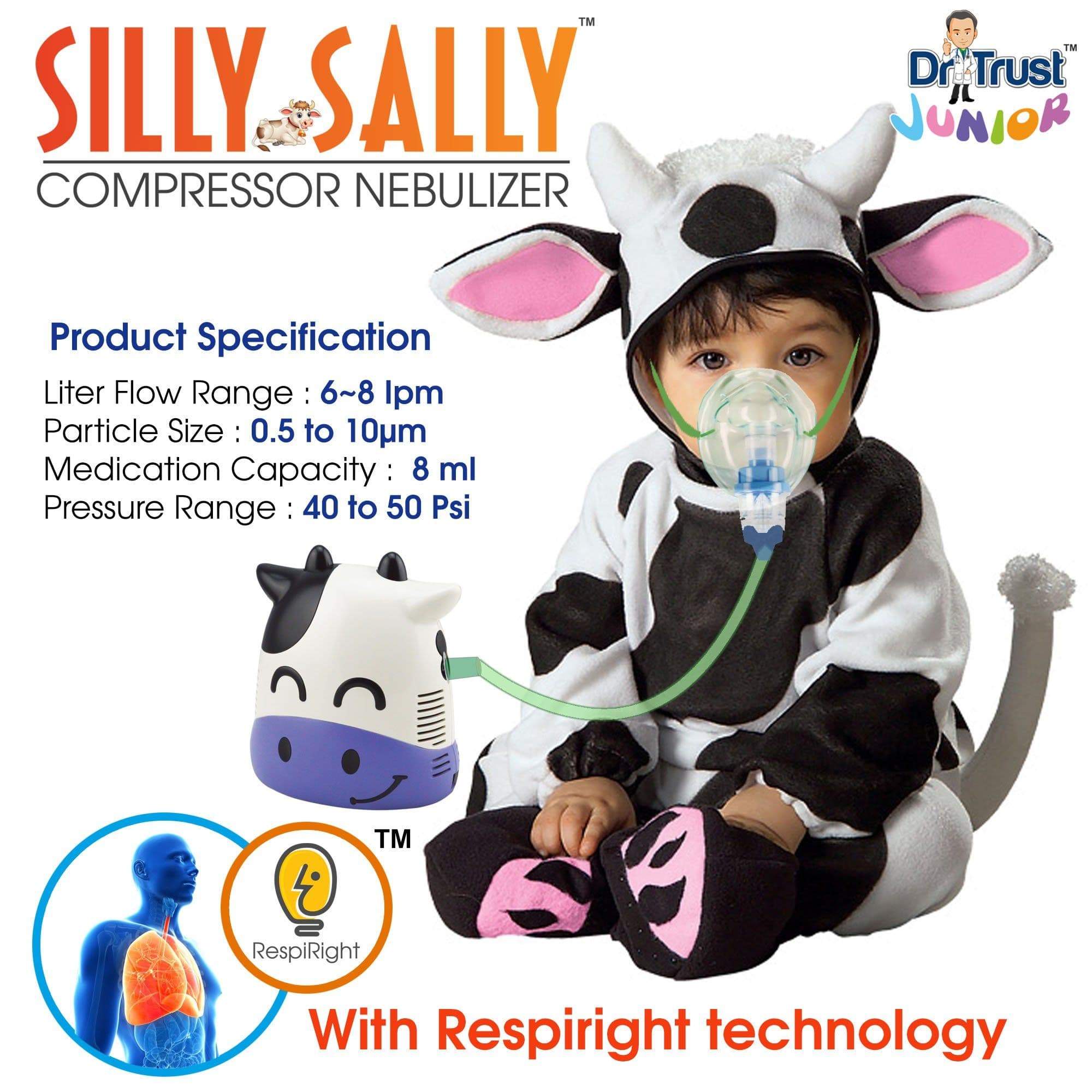 Dr Trust USA Junior Compressor Nebulizer for Kids - Cute Cow Design, Portable & Quiet Breathing Treatment Machine for Asthma, Allergies & Cold Relief - Perfect for Home, Travel & Pediatric Use