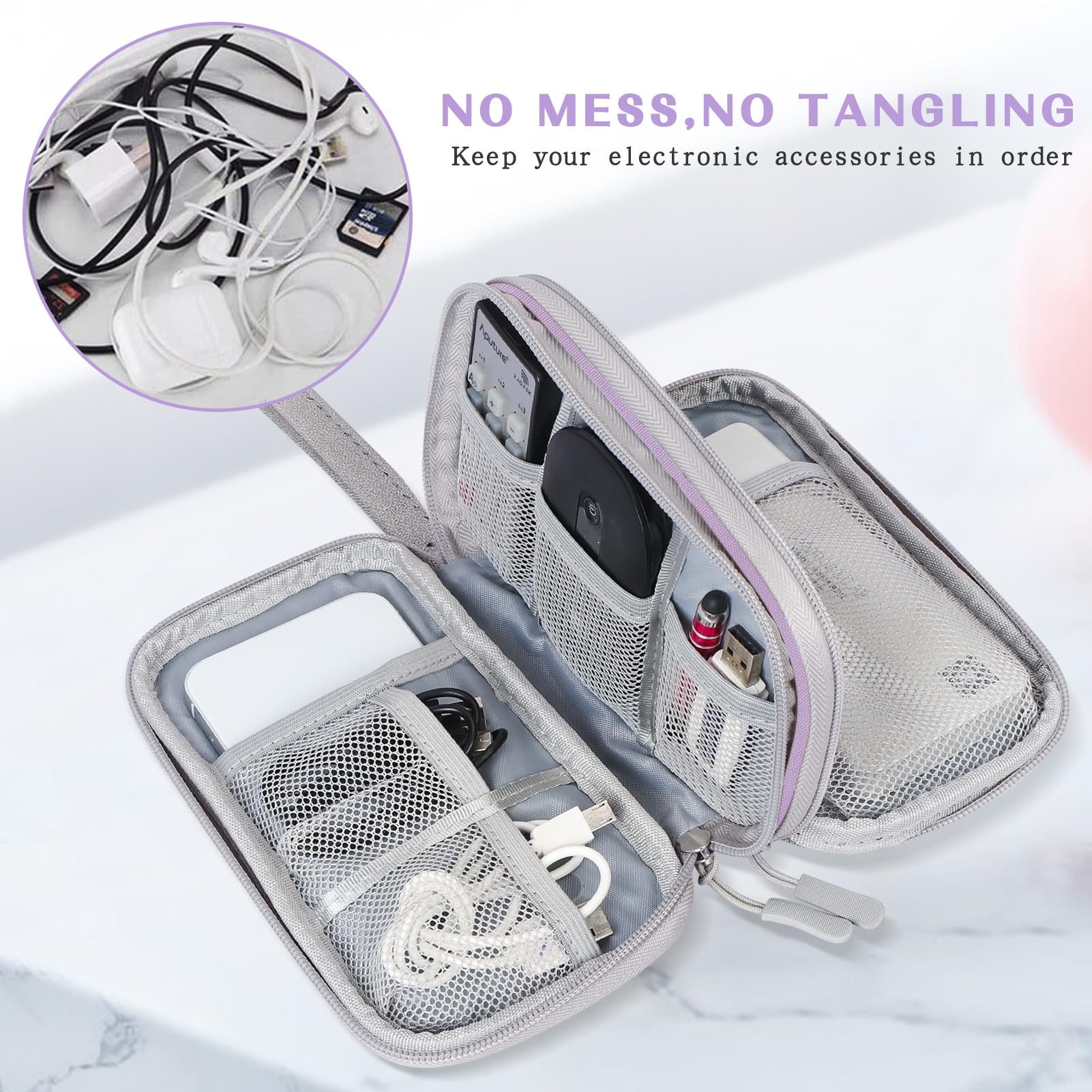 FYY Travel Cable Organizer - Waterproof Double Layer Pouch for Chargers & Cords - Light Purple | Perfect for Travel & Office