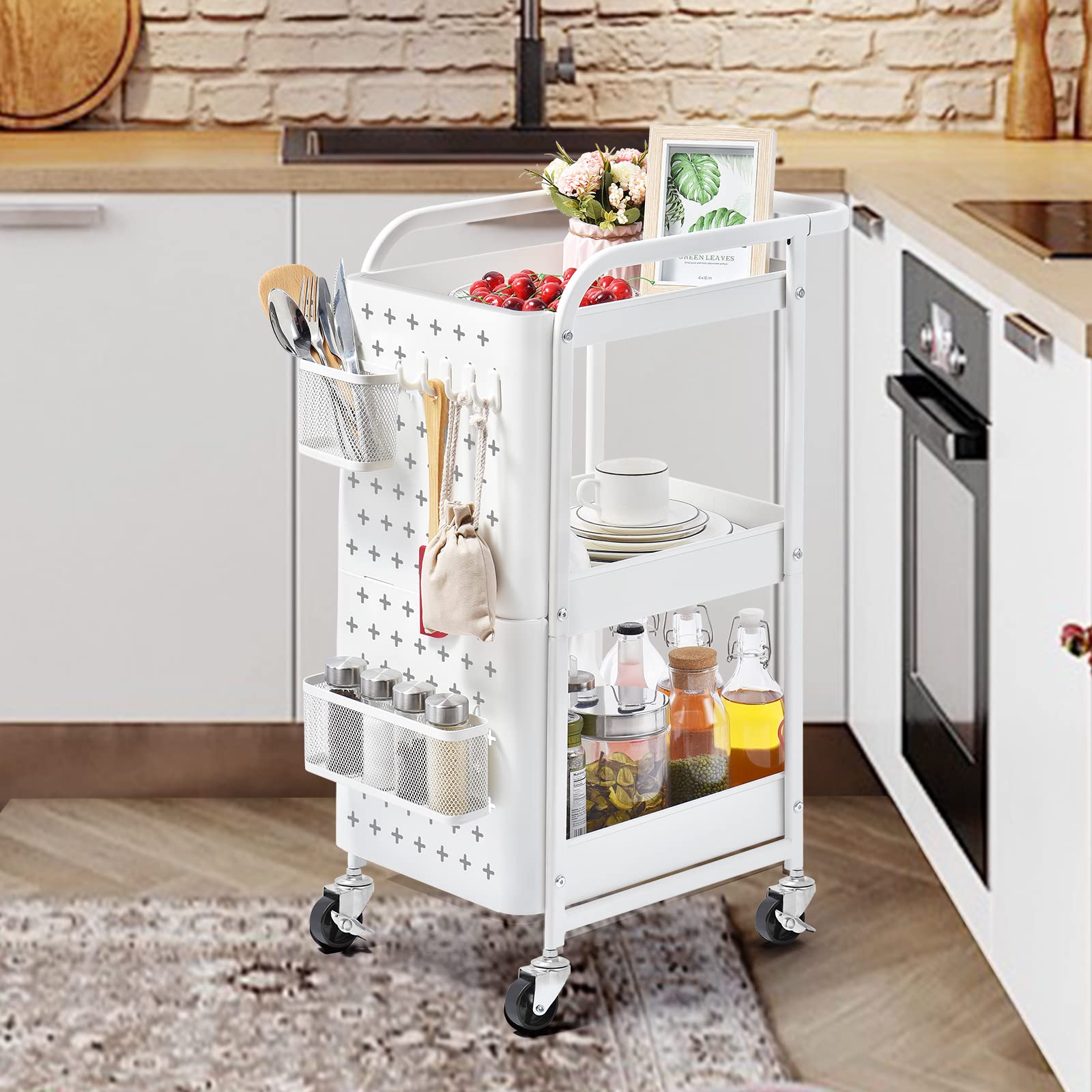 KINGRACK 3-Tier Rolling Utility Cart with Pegboard & Wheels - Metal Storage Cart with Handle for Kitchen, Office, Classroom, Craft Room - Classic White Organizer for Home, School & Workspace