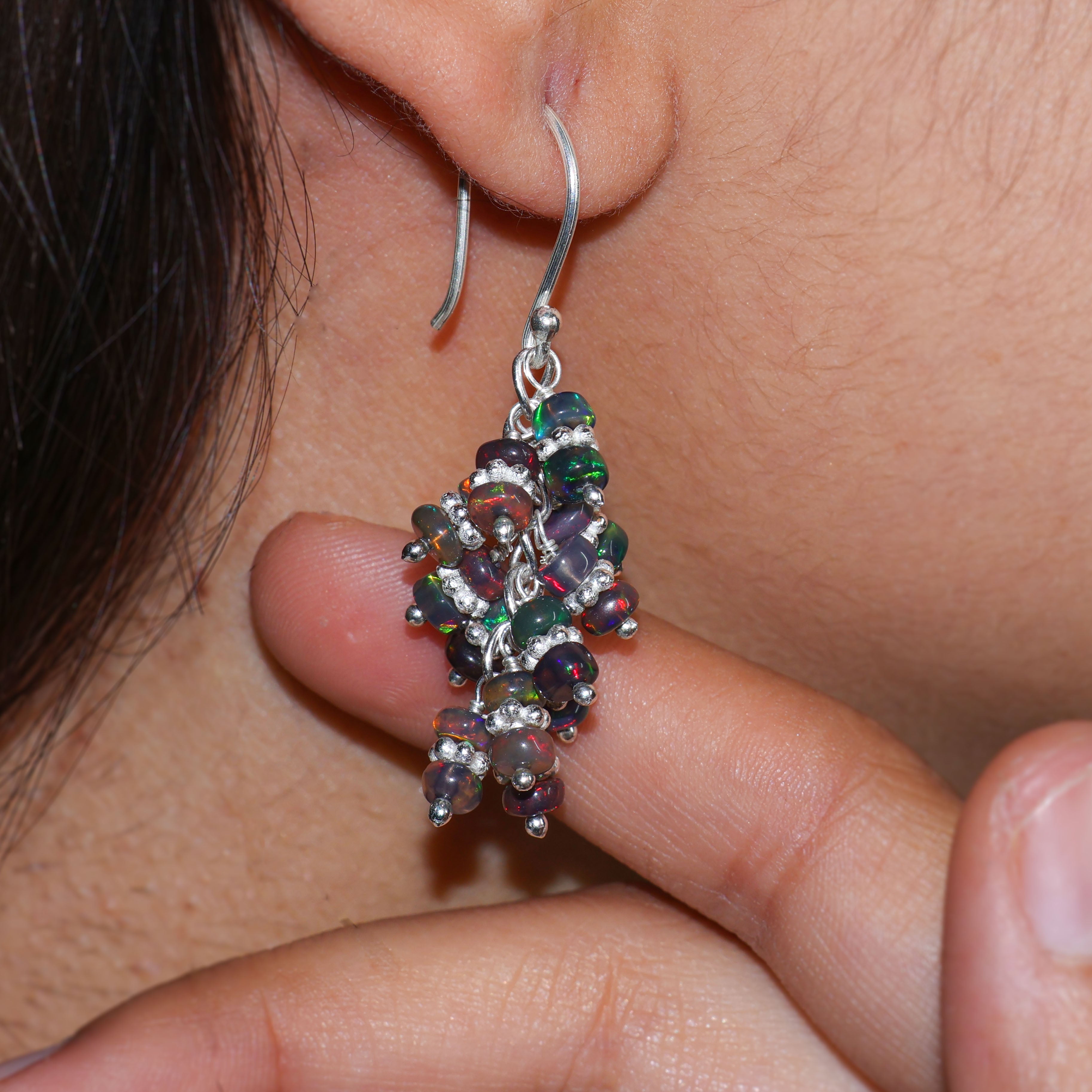 Handmade Black Opal Wire Wrapping Chakri Earrings - Boho Tribal Jewelry for Women - Perfect for Festivals, Weddings & Spiritual Healing