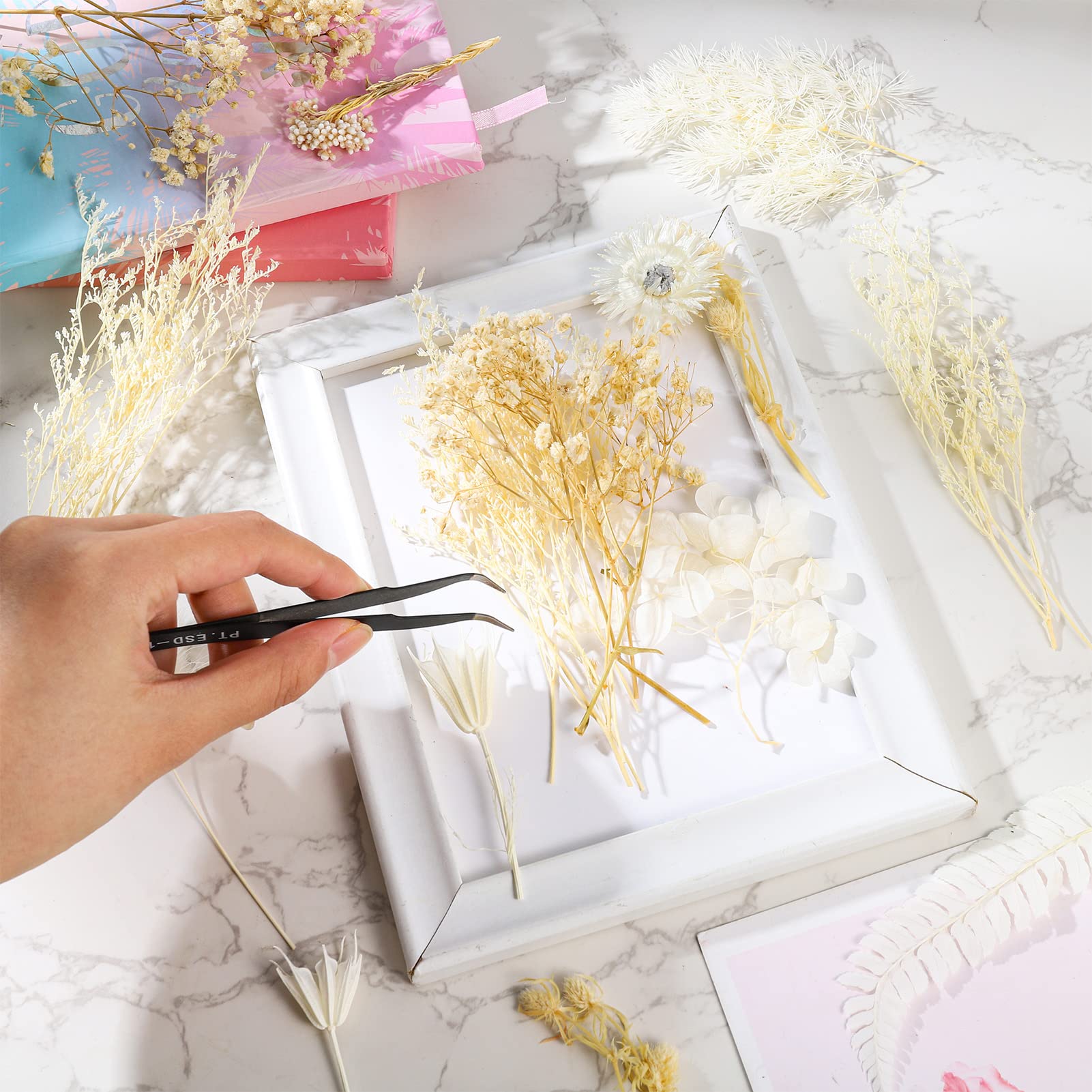Premium Dried Pressed Flowers for DIY Crafts - Natural Mixed Floral Leaves for Resin Jewelry, Candle Making, Nail Art & Home Decor (White) | Perfect for Wedding Invitations, Scrapbooking & Gift Wrapping