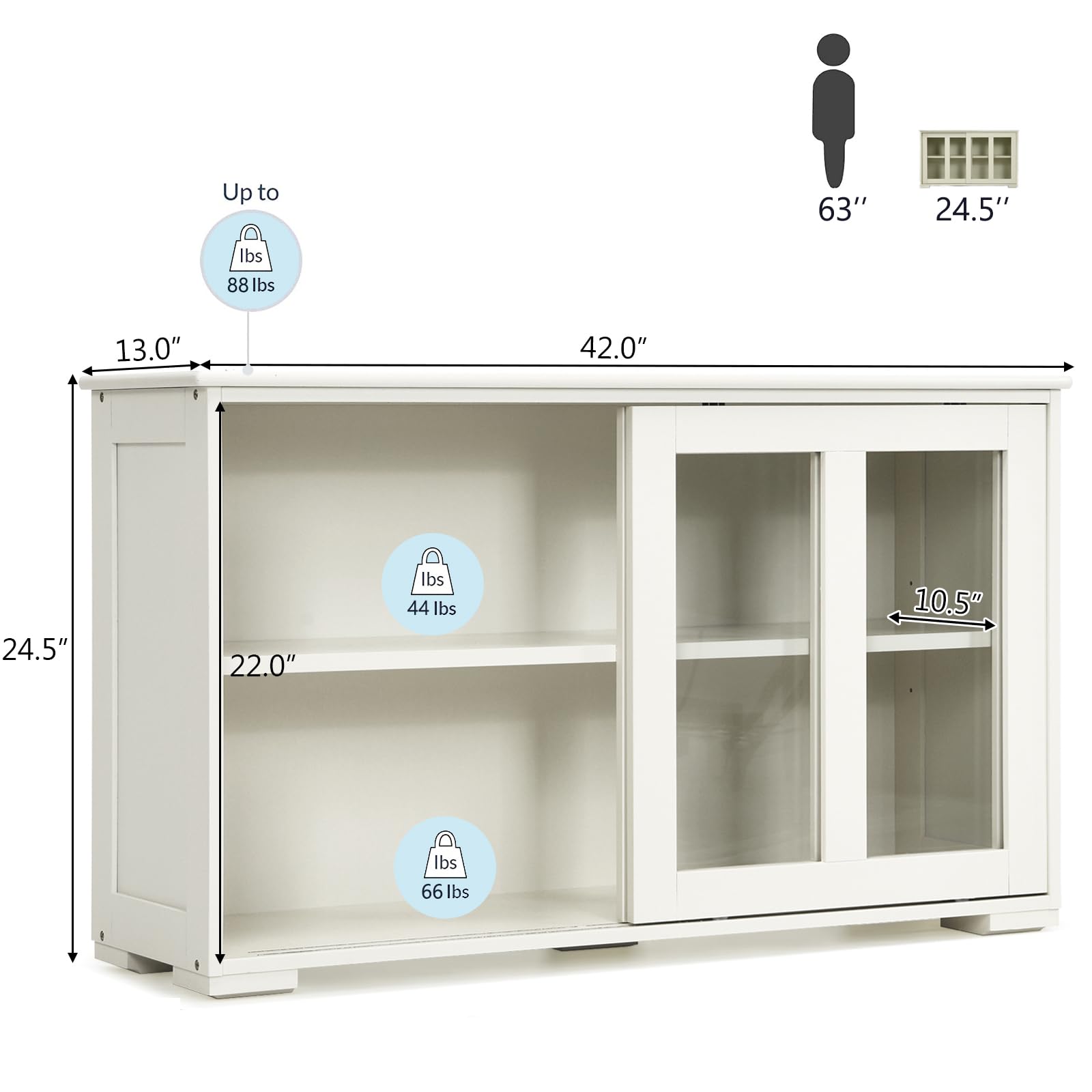 Stackable Sideboard Buffet Cabinet with Adjustable Shelves & Glass Sliding Doors - White Wooden Credenza Storage Table for Kitchen, Dining Room, Living Room | Perfect for Coffee Bar Setup, Entryway Organization & Home Decor