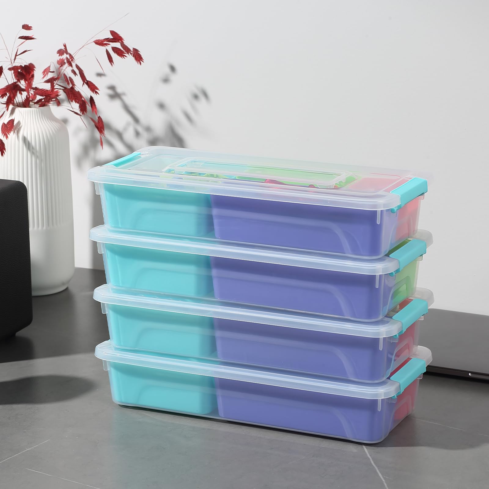 Novelinks 4 QT Clear Plastic Storage Box with 4 Removable Compartments & Lid - Craft Organizer Container (2 Pack) - Perfect for DIY Supplies, Office Organization & Home Storage Solutions