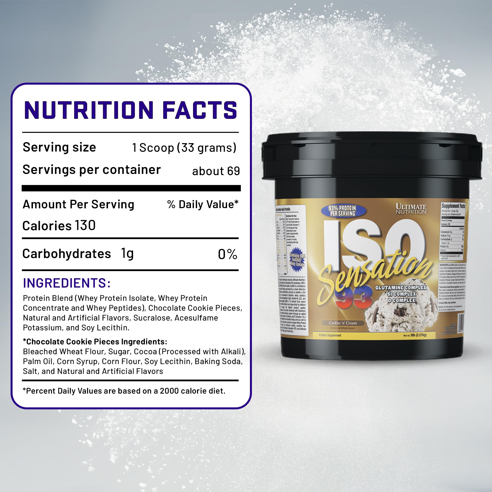 Ultimate Nutrition Whey Protein Isolate Powder with Glutamine Complex - ISO Sensation 93 for Enhanced Recovery, Immunity & Gut Health - Cookies N Cream Flavor, 5lbs - Perfect for Post-Workout, Muscle Building & Healthy Digestion