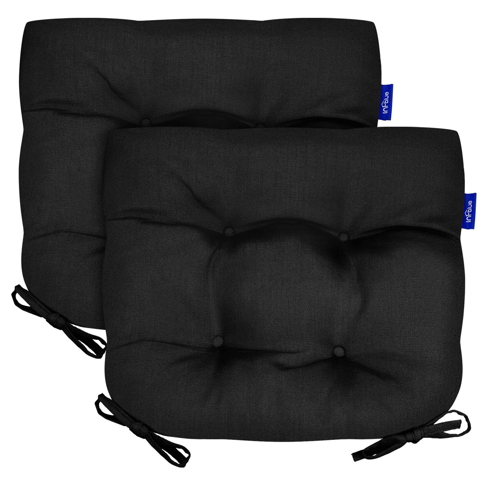 Premium Outdoor Tufted Wicker Cushions - Set of 2 (19x19 Inch) Weather-Resistant Patio Chair Cushions with Ties - Overstuffed Thick Padding for Wicker Furniture - Perfect for Backyard, Garden, Poolside & Patio Relaxation (Black)
