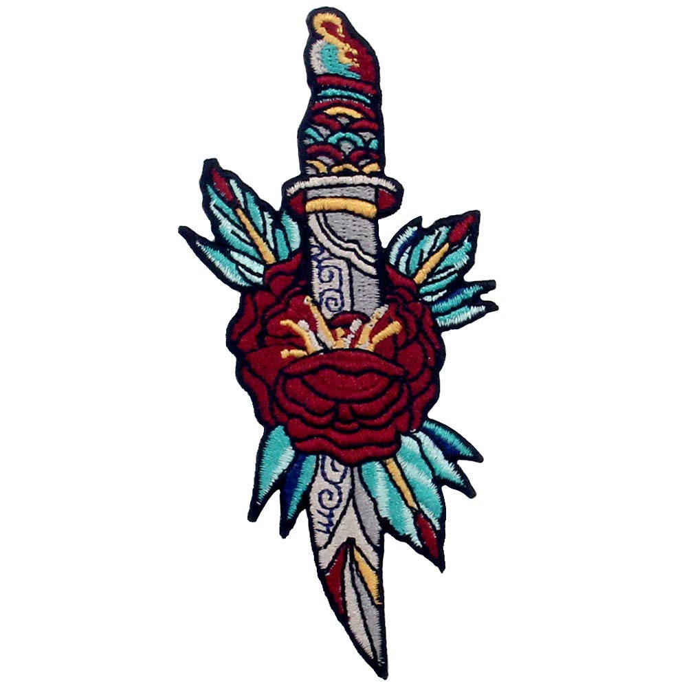 Flower and Dagger Embroidered Patch - Iron On & Sew On Applique Badge for Jackets, Hats, Bags - Gothic Punk Rock Fashion Accessories