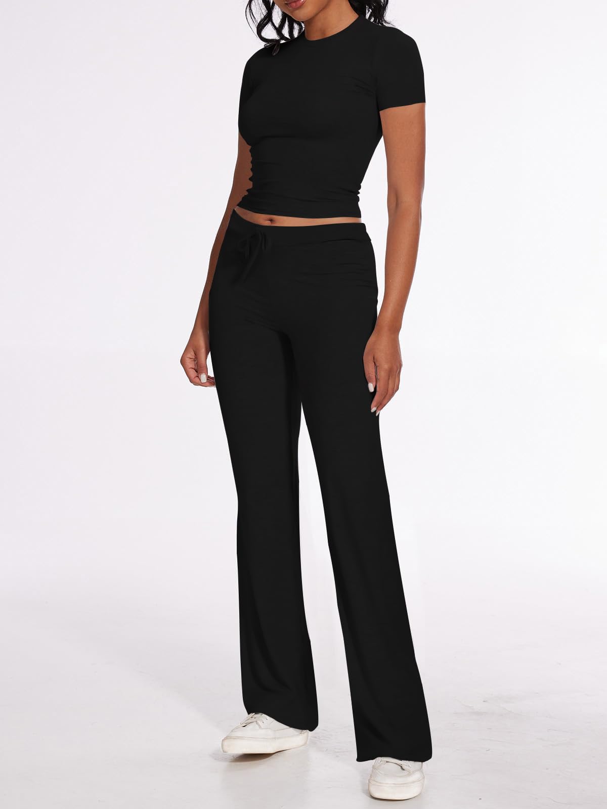 NANKEYSTAR Women's 2-Piece Lounge Set - Short Sleeve Crop Top & Flare Leg Pants Comfy Outfit | Perfect for Yoga, Travel & Relaxing at Home