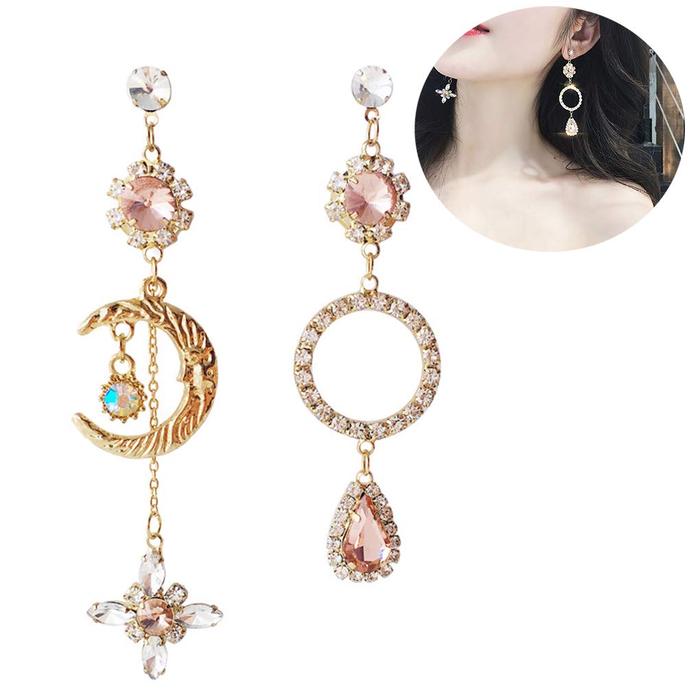 2021 Fashion Women's Rhinestone Moon & Teardrop Asymmetric Dangle Earrings - Golden Round Stud Earrings with Ear Hooks, Perfect Gift for Women | Great for Parties, Weddings & Everyday Wear