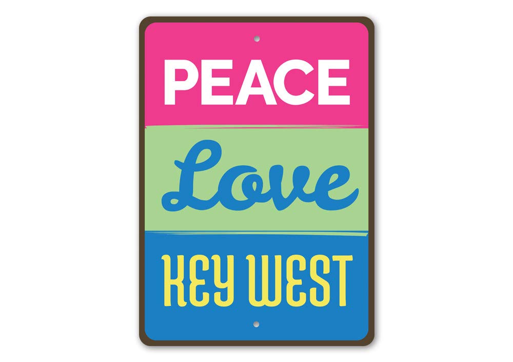 Peace Love Key West Beach Cottage Sign - 12x18 Inch Vintage Aluminum Wall Decor for Coastal Homes, Beach Houses & Vacation Rentals - Perfect for Porch, Patio or Garden Decor