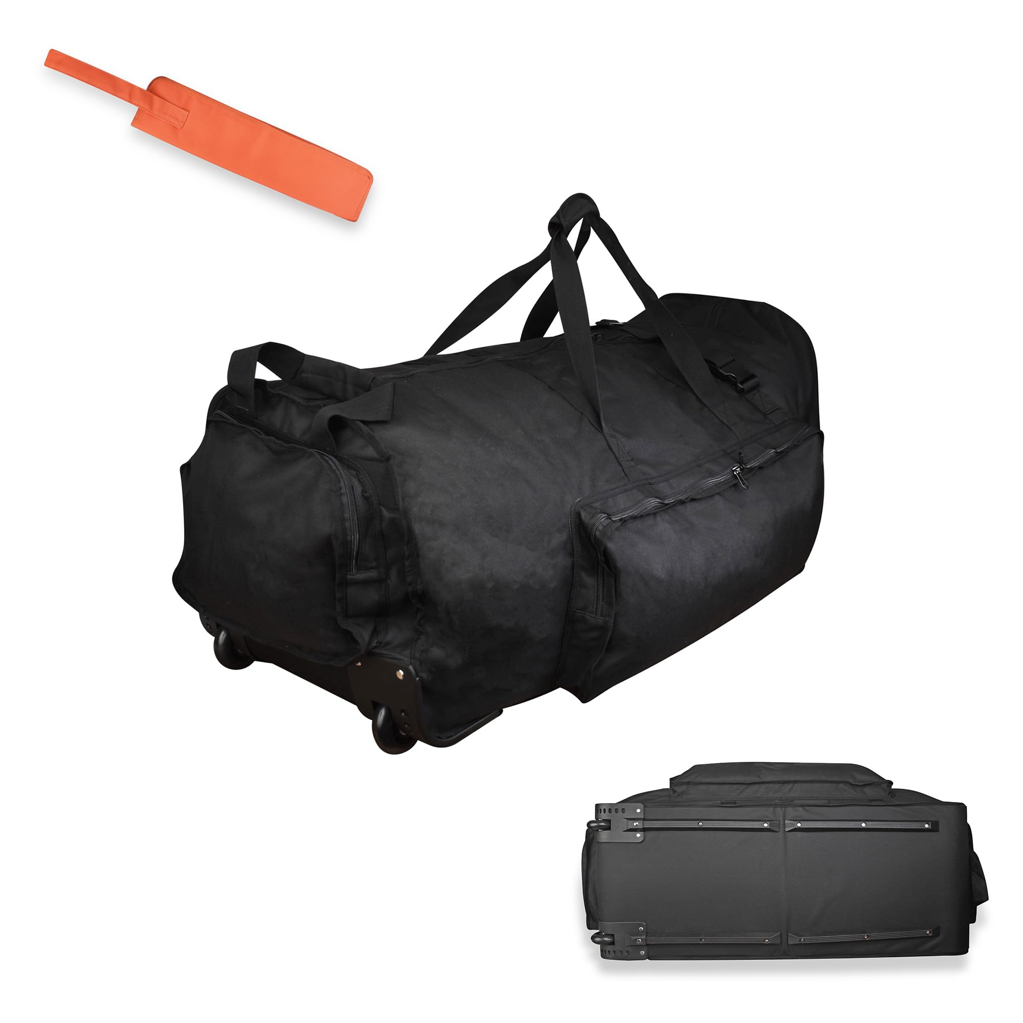 Brentmoor Large Black Rolling Duffle Bag with Wheels - Foldable Drum Hardware Travel Luggage with Drum Stick Carry Case - Perfect for Musicians, Drummers & Road Trips