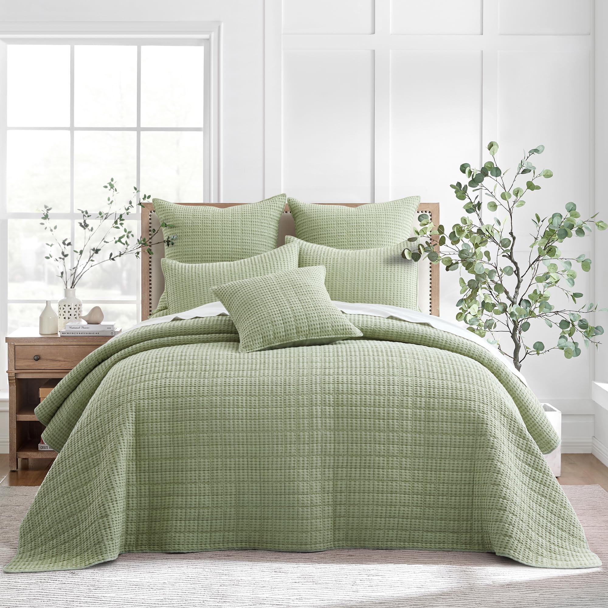 Levtex Home Mills Waffle King Quilted Bedspread Set - Desert Sage Cotton Waffle Weave Bedding - 120