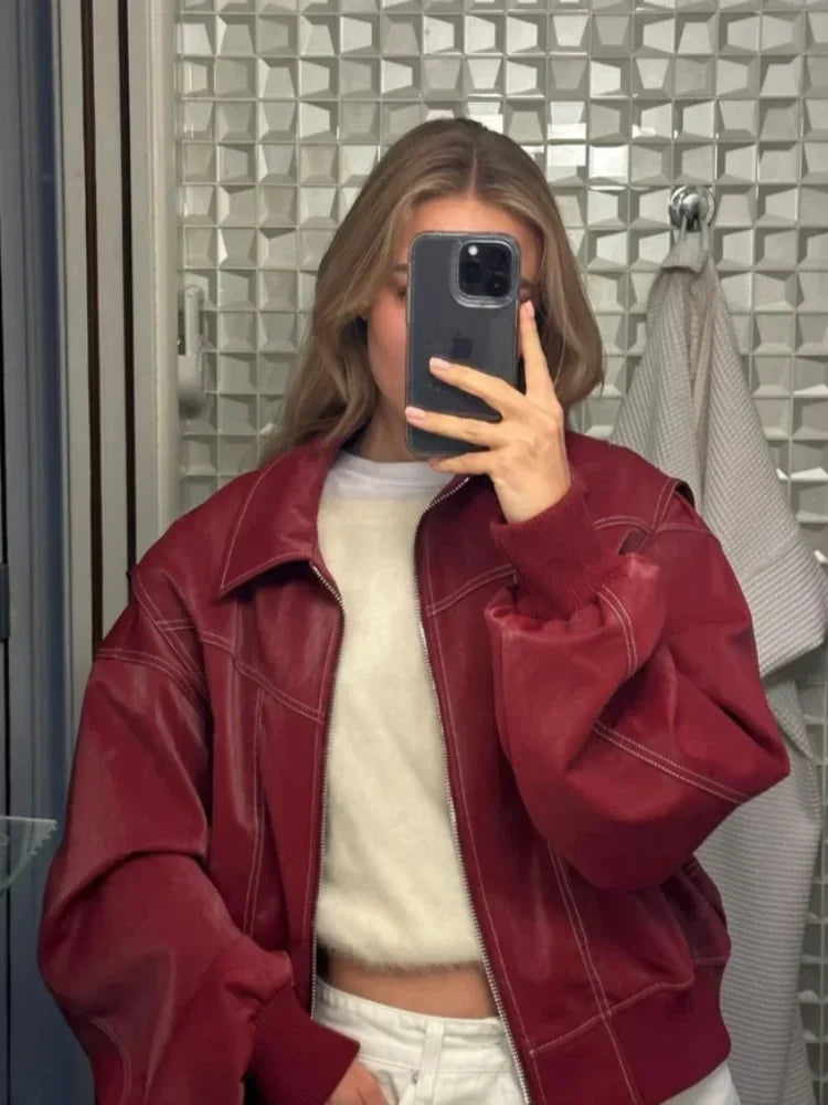 Stylish Women's Leather Bomber Jacket with Zipper - Autumn Casual Striped Coat, Chic Lapel & Long Sleeves | Perfect for Motorcycle Riding, Fall Outfits & Everyday Fashion