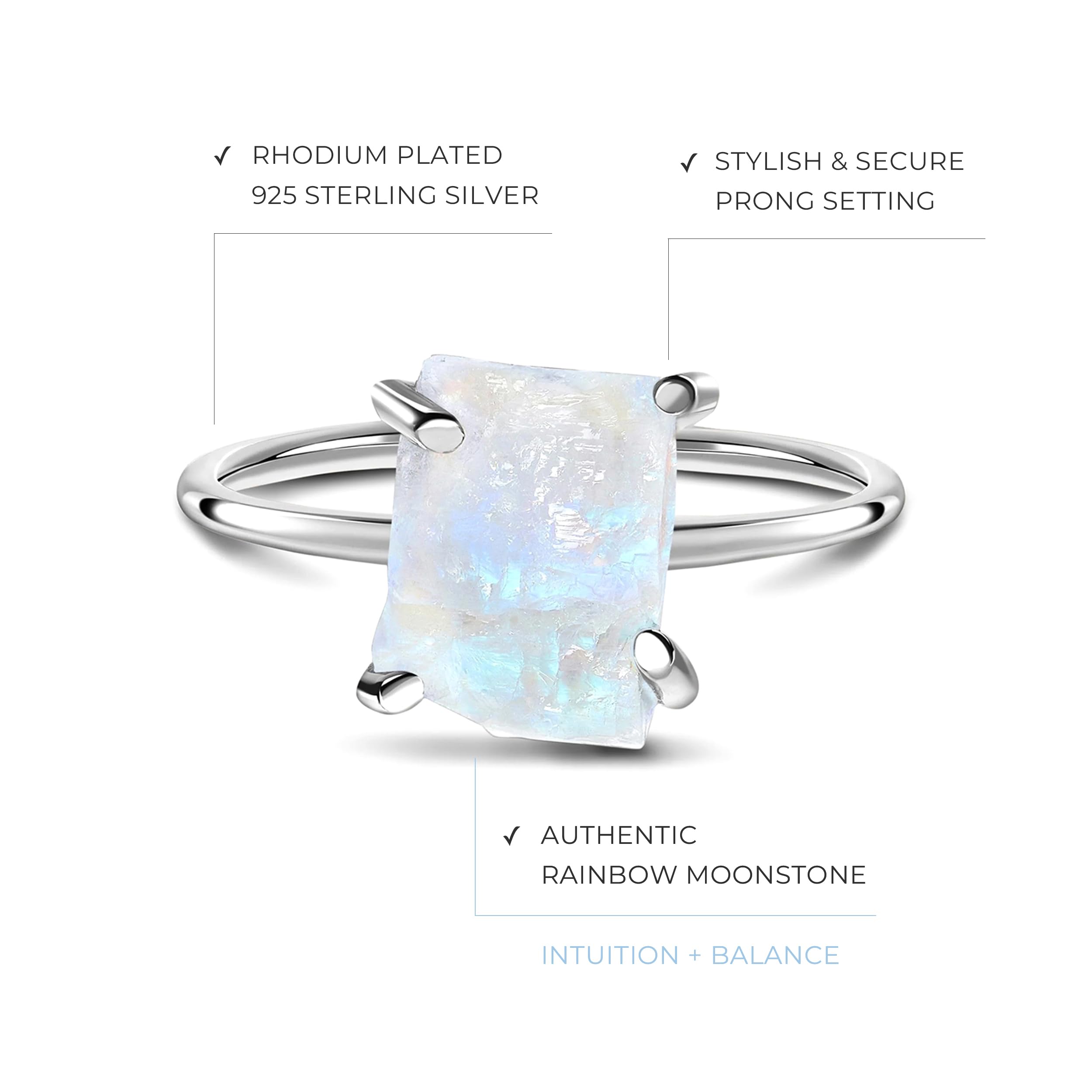 Authentic Moonstone, Amethyst, Rose Quartz & Aquamarine Rings - 925 Sterling Silver & 18K Rose Gold Raw Crystal Jewelry for Women | Elegant Gift for Birthday, Anniversary & Everyday Wear