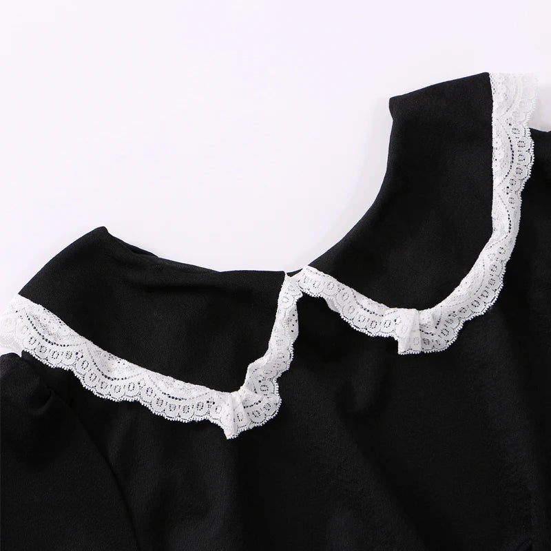 Autumn Black Kawaii Lolita Style Dress - Mori Girl Fairy Cute Lolita Peter Pan Collar Puff Sleeve Dress for Women | Gothic Fashion, Cosplay, Tea Party Outfit