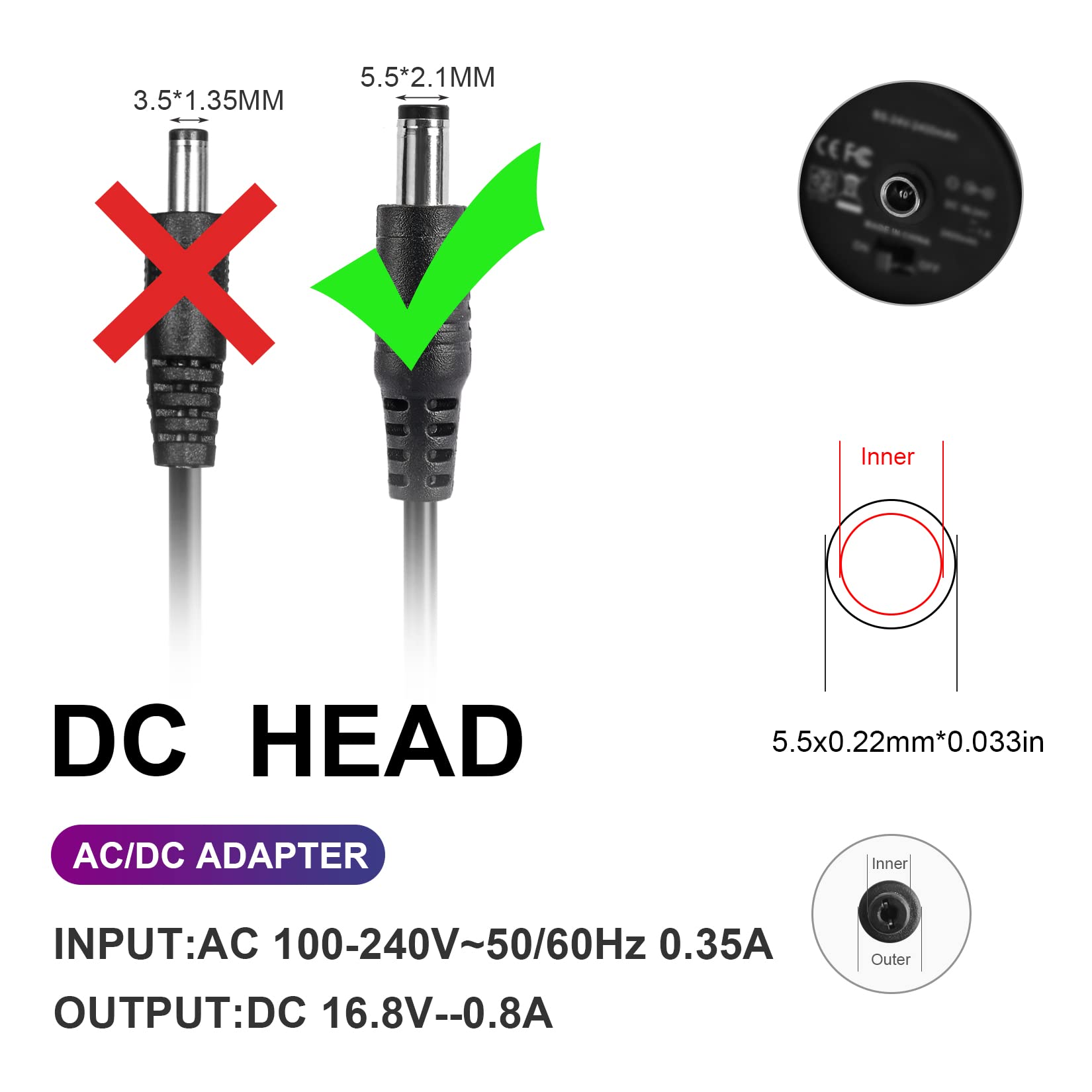 16.8V 0.8A Massage Gun Charger with AC/DC Adapter - Power Cord for Deep Tissue & Fascia Massage Guns - Perfect for Muscle Recovery, Pain Relief & Sports Therapy at Home/Gym