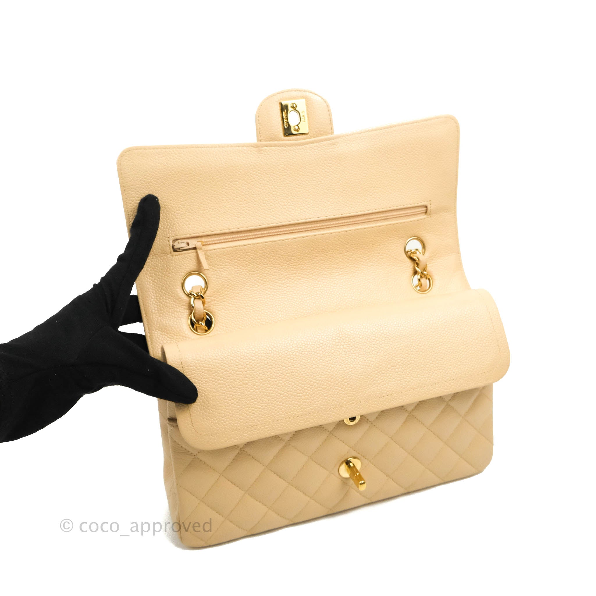 Chanel Classic M/L Medium Flap Bag - Quilted Beige Caviar Leather with Gold Hardware | Luxury Shoulder Bag for Women, Perfect for Work, Parties & Special Occasions