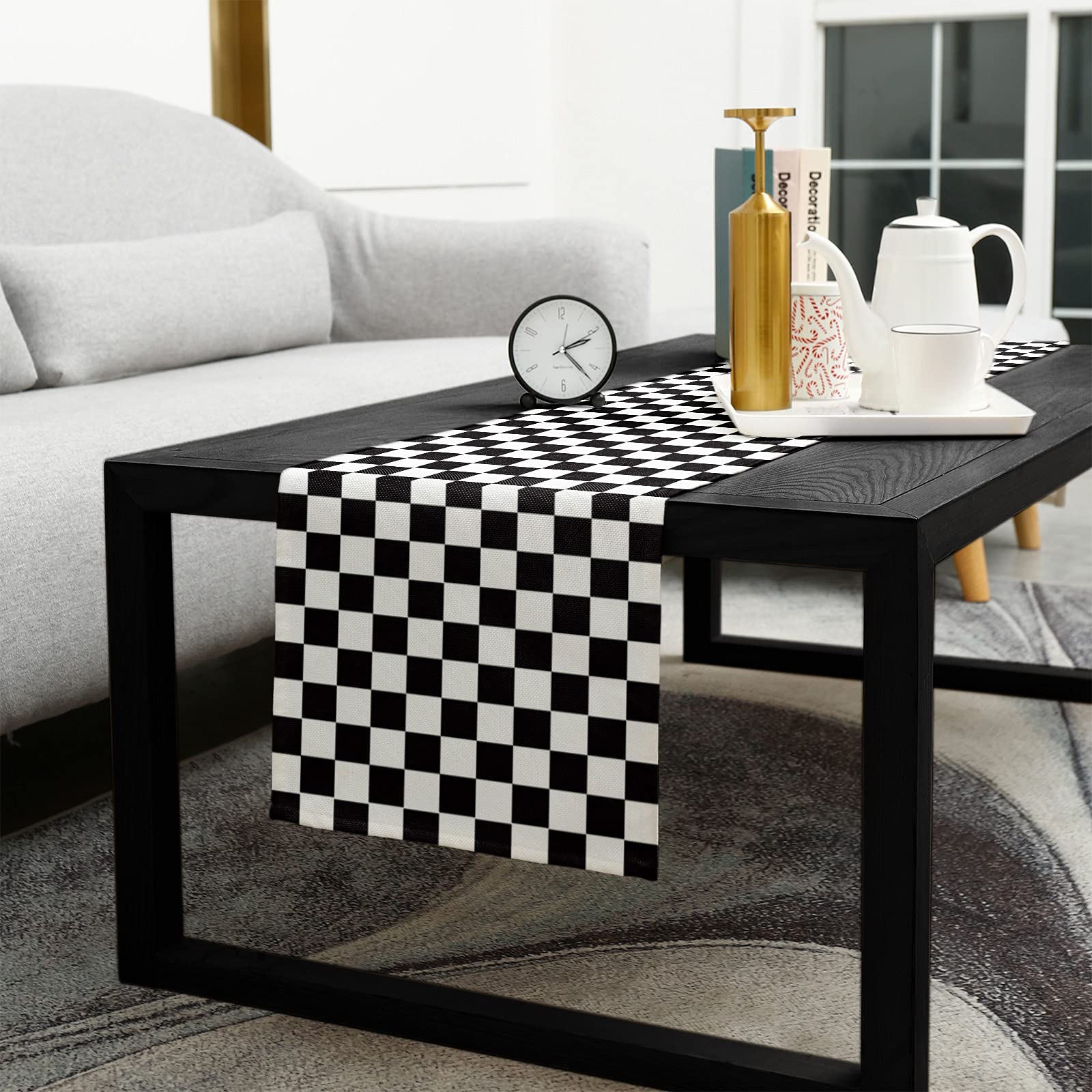 Burlap Linen Table Runner 36 Inch - Black and White Checkered Geometric Kitchen Dining Table Decor for Farmhouse, Wedding, Banquet | Perfect for Coffee Tables, Dressers, and Party Decorations