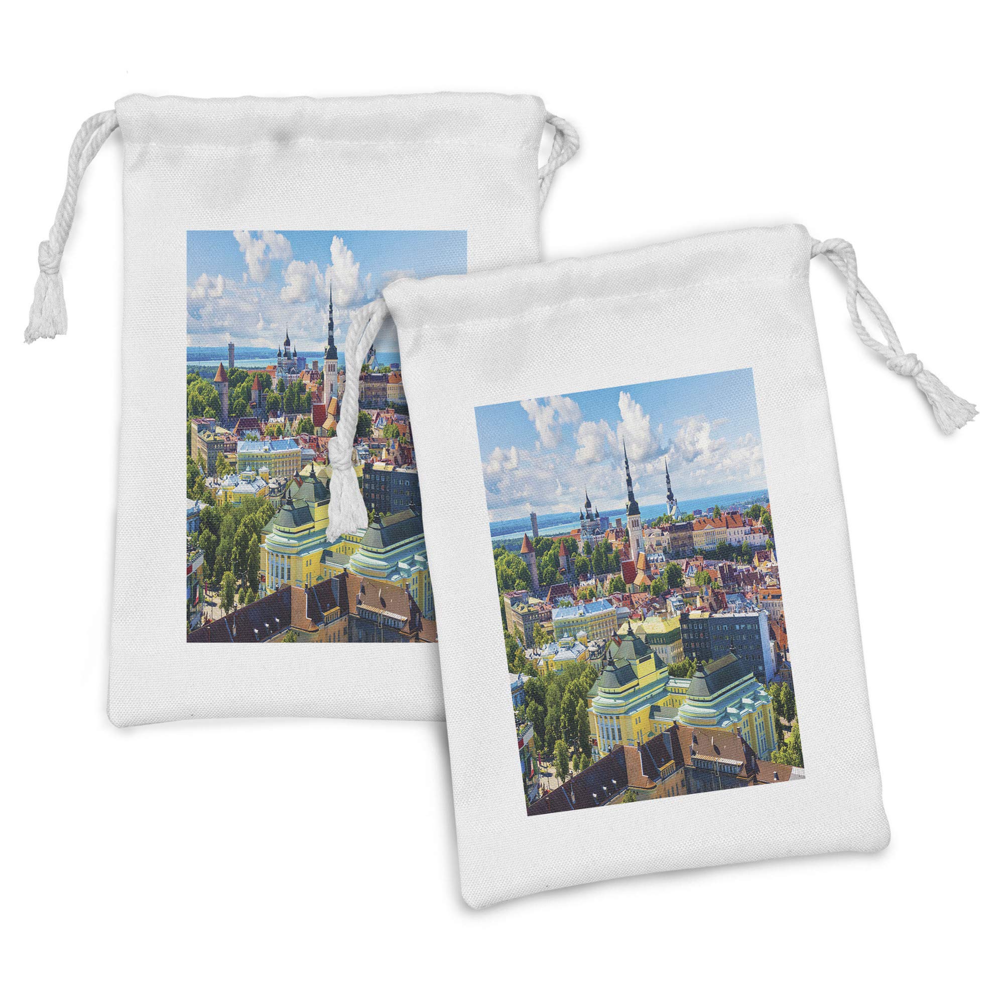Ambesonne European Fabric Pouch Set of 2 - Scenic Old Town Tallinn Estonia Architecture Print Drawstring Bags (9