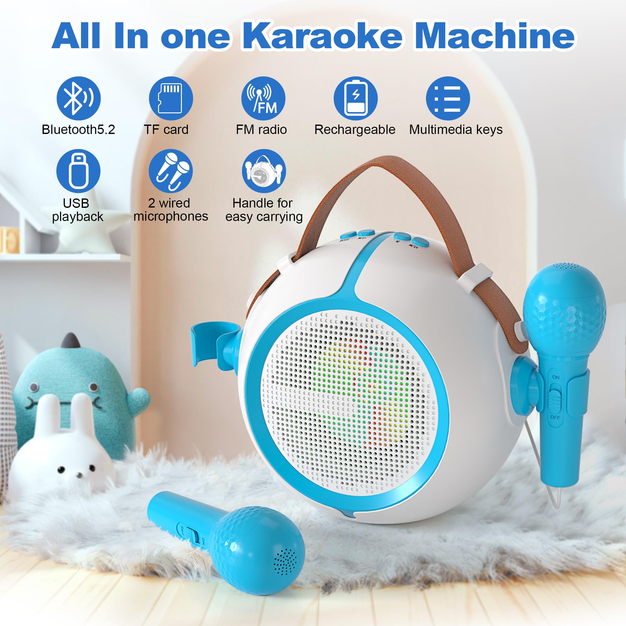 Portable Bluetooth Karaoke Machine for Kids with 2 Wireless Microphones, Rechargeable Battery, FM Radio, USB Playback & LED Lights - Perfect for Birthday Parties, Family Gatherings & Home Singing Fun (Blue)