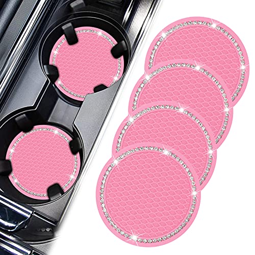 TOOVREN 4-Pack Rhinestone Cup Holder Coasters for Cars - 2.75 Inch Bling Car Accessories for Women, Sparkling Cup Holder Inserts Fits Most Vehicles (Pink) - Perfect for Coffee, Drinks & Stylish Car Decor