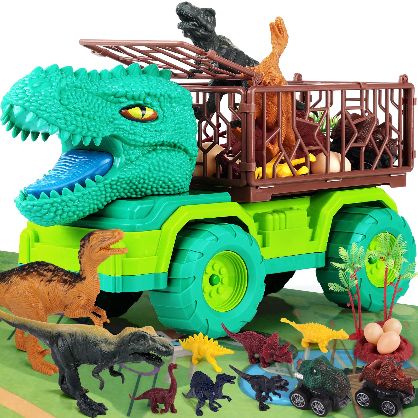 18-in-1 Dinosaur Toy Set for Kids Ages 3-5 - Interactive Dinosaur Truck with 2 Pull Back Cars & 8 Realistic Dino Figures - Perfect STEM Learning Toys for Boys & Girls - Great Birthday Party Favors & Christmas Gifts for Toddlers - Ideal for Pretend Play, Educational Activities & Holiday Gift Giving