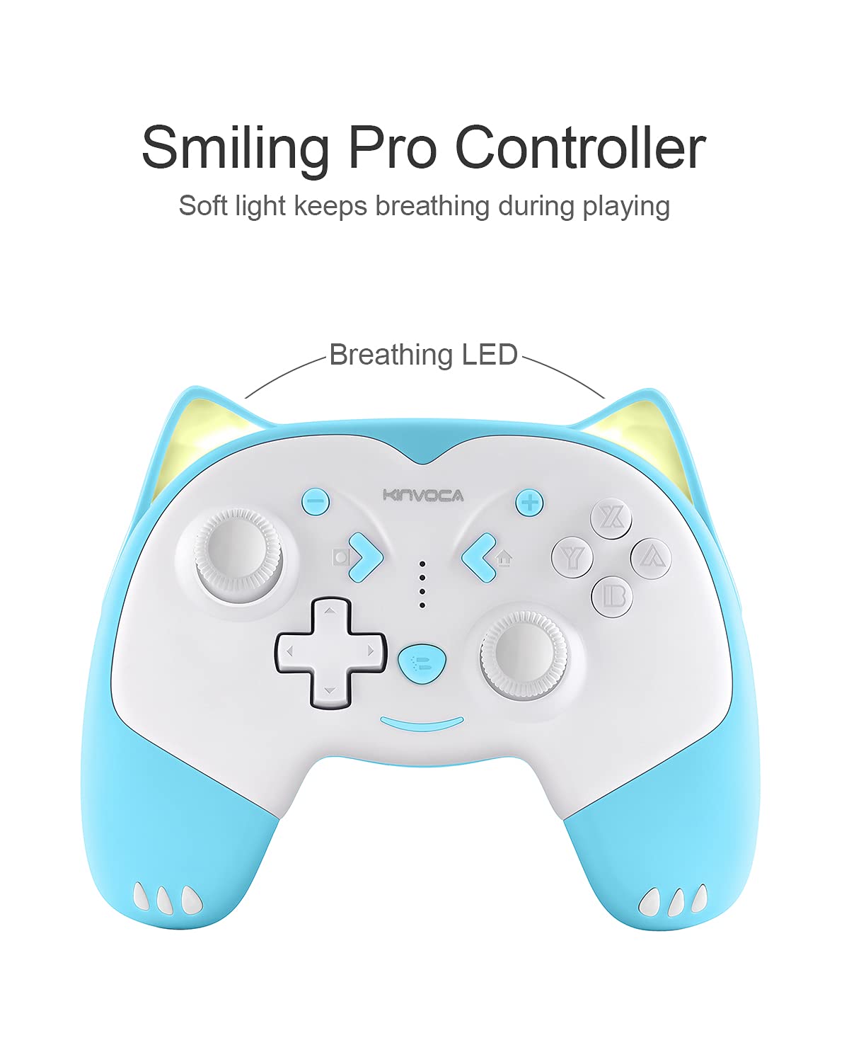 KINVOCA Wireless Pro Controller for Nintendo Switch & Switch Lite - Turbo, Motion Control, Vibration, Wake-Up, Headphone Jack & LED Breathing Light (Blue) - Perfect for Gaming, Streaming & Multiplayer Sessions