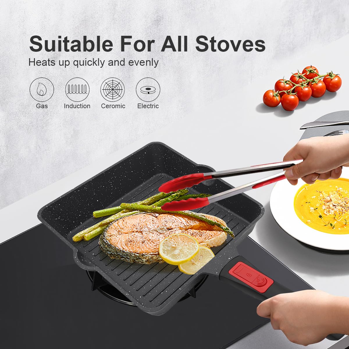 Nonstick Square Grill Pan 9.5 Inch - Cast Aluminum Steak Pan with Removable Handle, Oven & Dishwasher Safe, Double Pour Spouts, Black - Perfect for Grilling Steaks, Burgers, and Vegetables Indoor or Outdoor