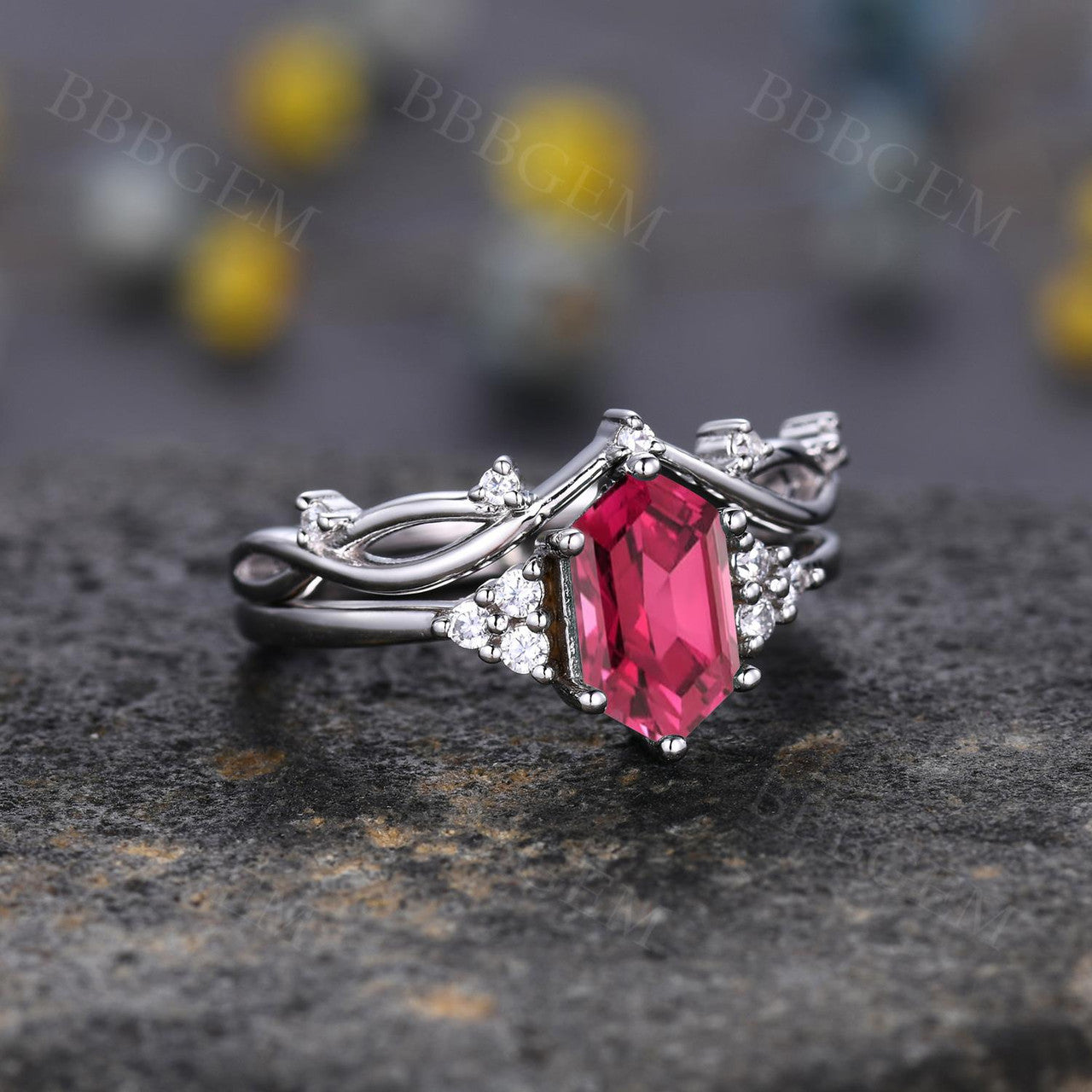Hexagon Ruby and Diamond White Gold Wedding Ring Set - Nature-Inspired Twig Leaf Vine Cluster Design for Women - Perfect for Engagement, Anniversary, and Special Occasions