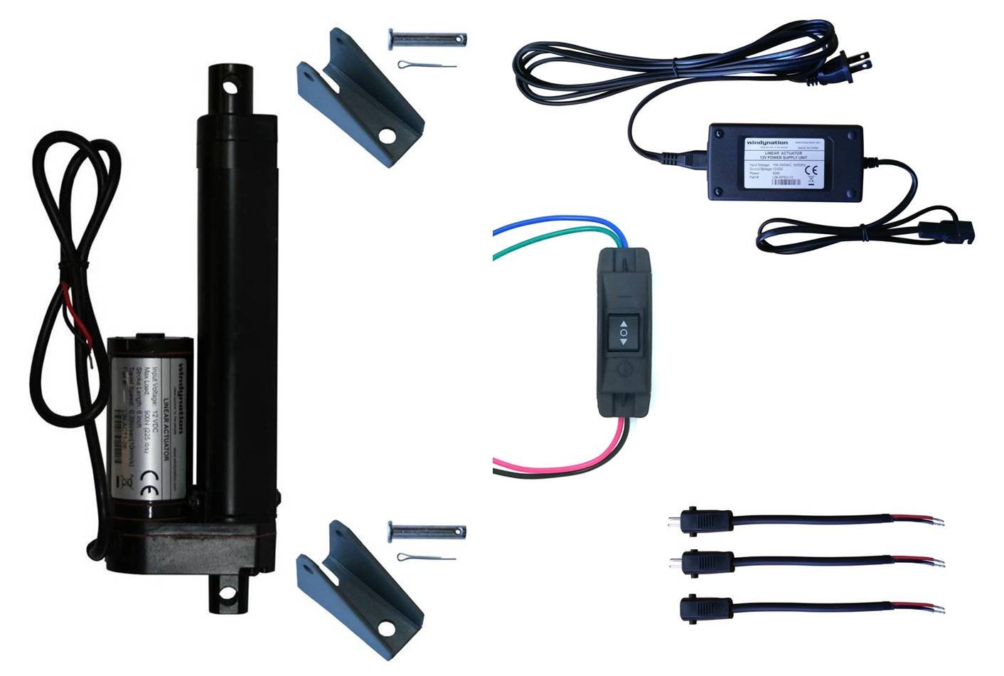 WindyNation 12V Linear Actuator Kit with Power Supply, DPDT Up Down Switch, Mounting Brackets & Connectors - 4 Inch Stroke, Momentary Switch - Perfect for DIY Projects, Home Automation, RV, Marine & Industrial Applications