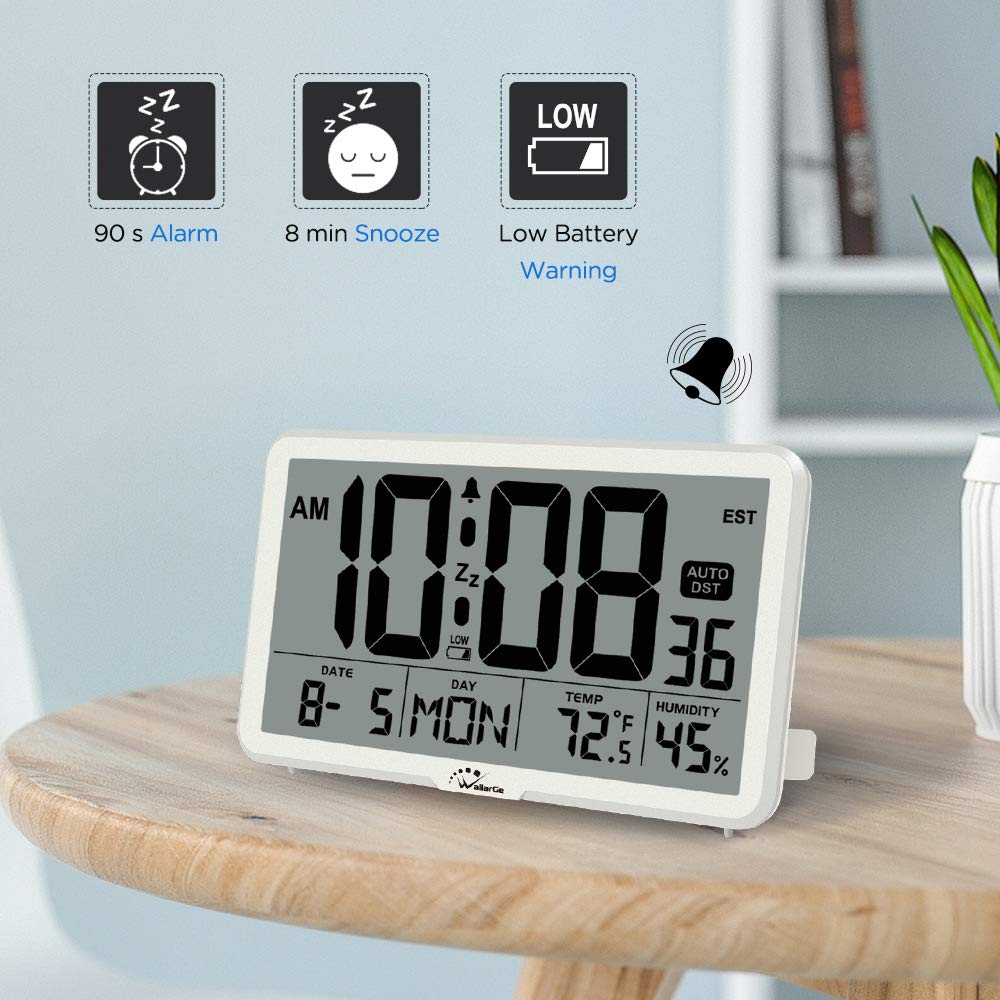 WallarGe Auto Set Digital Wall Clock with Temperature & Humidity - Large Display Battery Operated Desk Clock with Date, 8 Time Zones & Auto DST - Perfect for Elderly, Bedroom, Office & Home Use