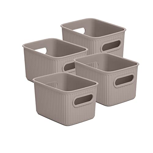 Superior Ribbed Plastic Storage Bins - 4 Pack Small Taupe Organizer Baskets for Home, Closet, Shelves & Drawers | 1.5L Decorative Open Container Boxes | Perfect for Bedroom, Bathroom & Office Organization