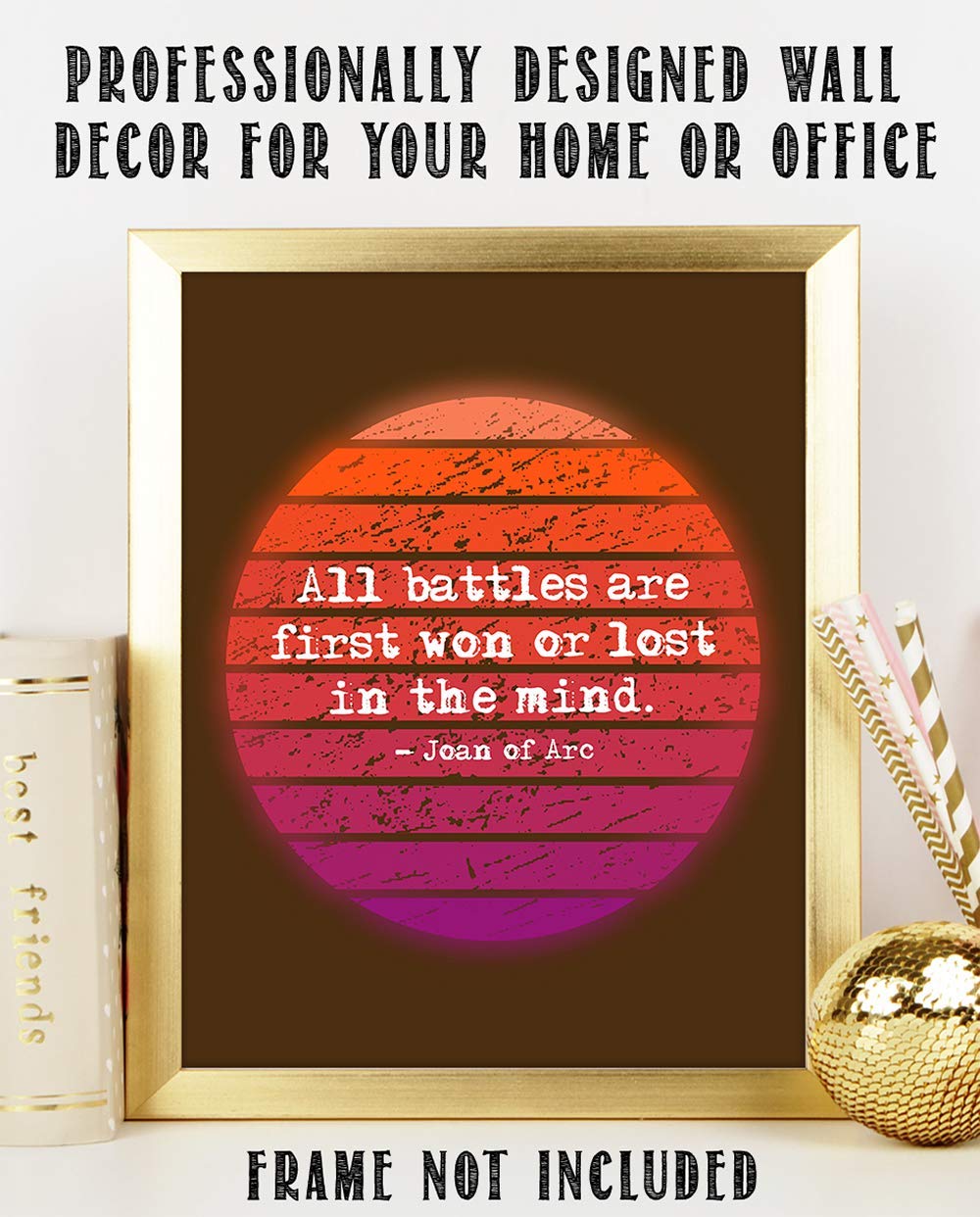 TJ Originals - 'All Battles Are First Won or Lost in the Mind' Joan of Arc Bible Quote Wall Art - 11x14 Inspirational Christian Decor Print - Perfect Gift for Home, Office & Church (Retro Sun Design)