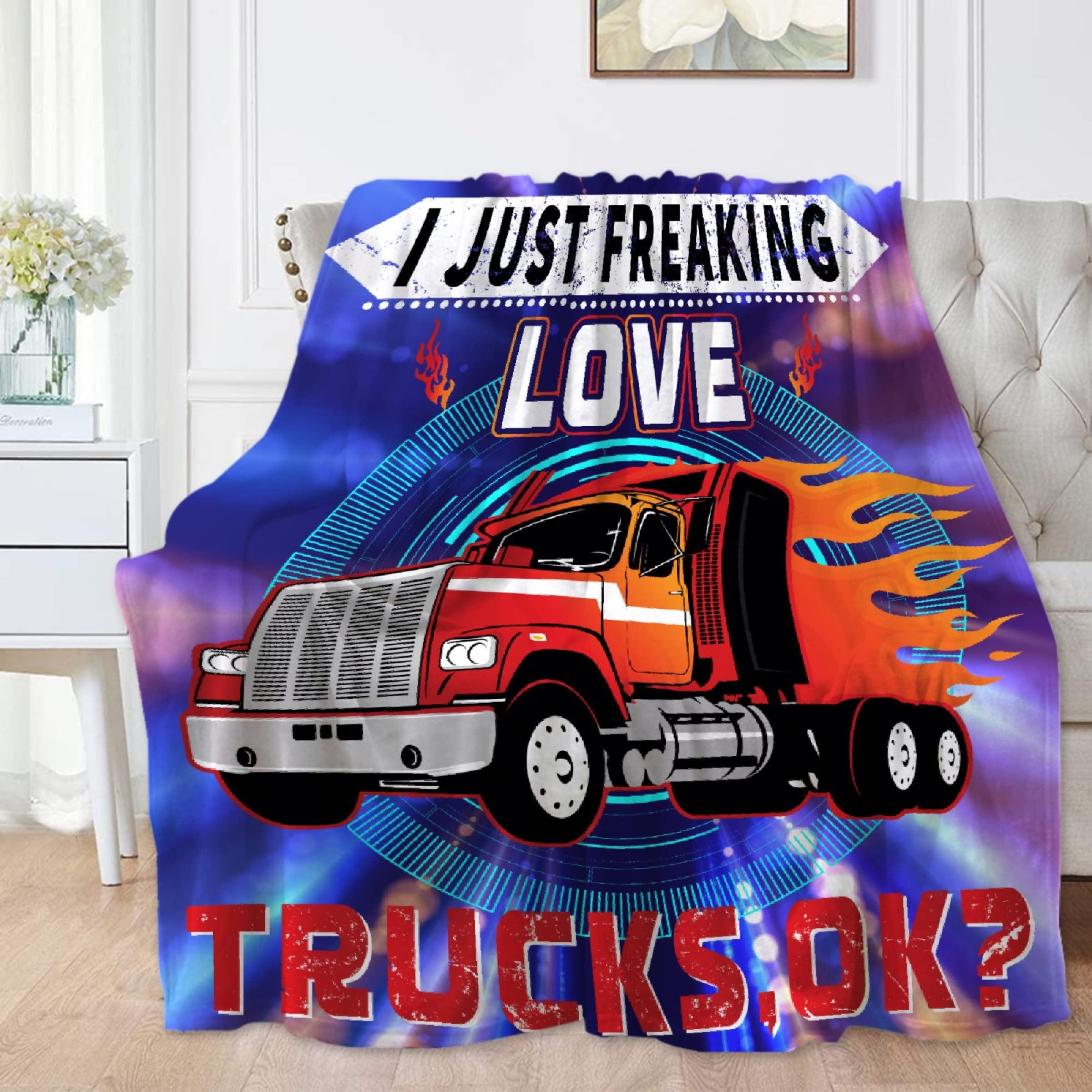 Touchish 'I Just Freaking Love Trucks' Soft Flannel Plush Blanket - Cozy Fuzzy Oversized Throw (90