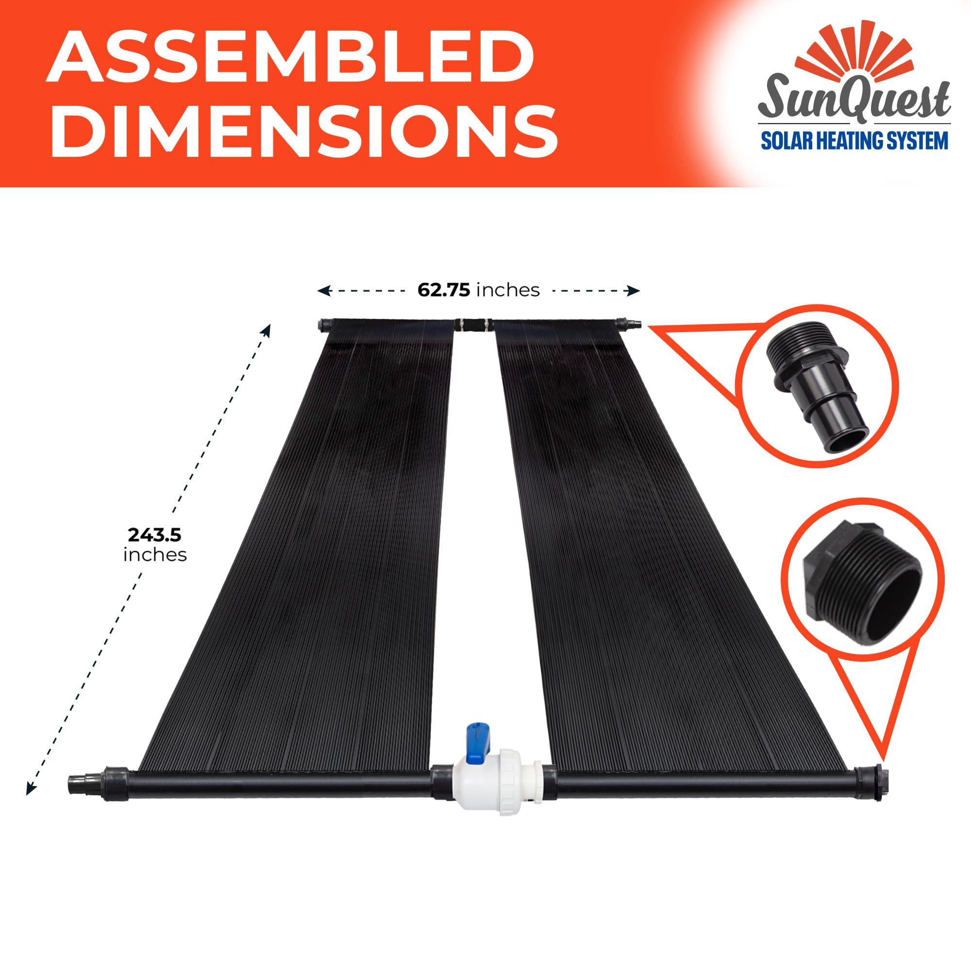 SunQuest Solar Pool Heater Panels - 2 Pack High Efficiency Solar Water Heating System for Above Ground Pools with Max-Flow Design (2'x20') - Includes Couplers & Diverter Valve - Perfect for Extending Swimming Season & Energy Savings