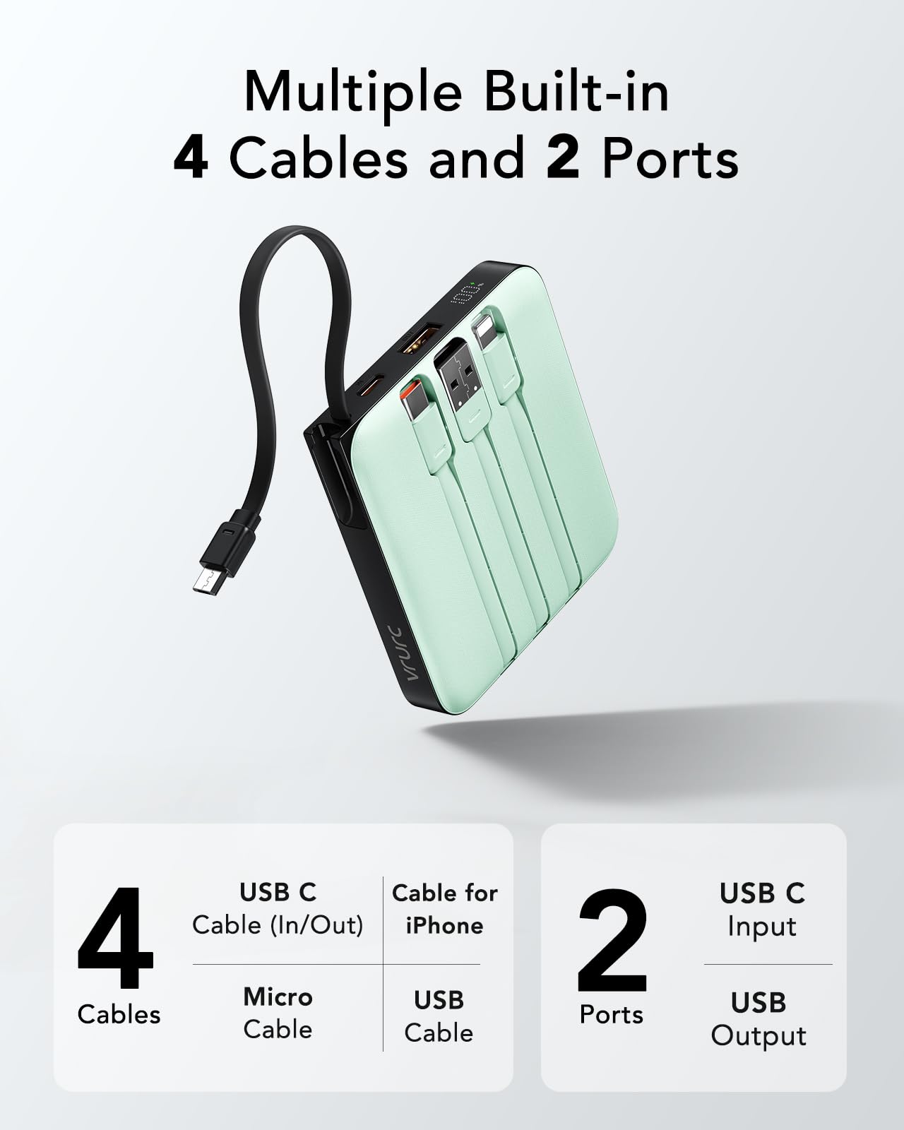22.5W Fast Charging Portable Charger with Built-in USB C Cable - 10000mAh Mini Power Bank with LED Display for iPhone 16/15/14 Series & Tablets (Green) | Perfect for Travel, Camping & Emergency Charging