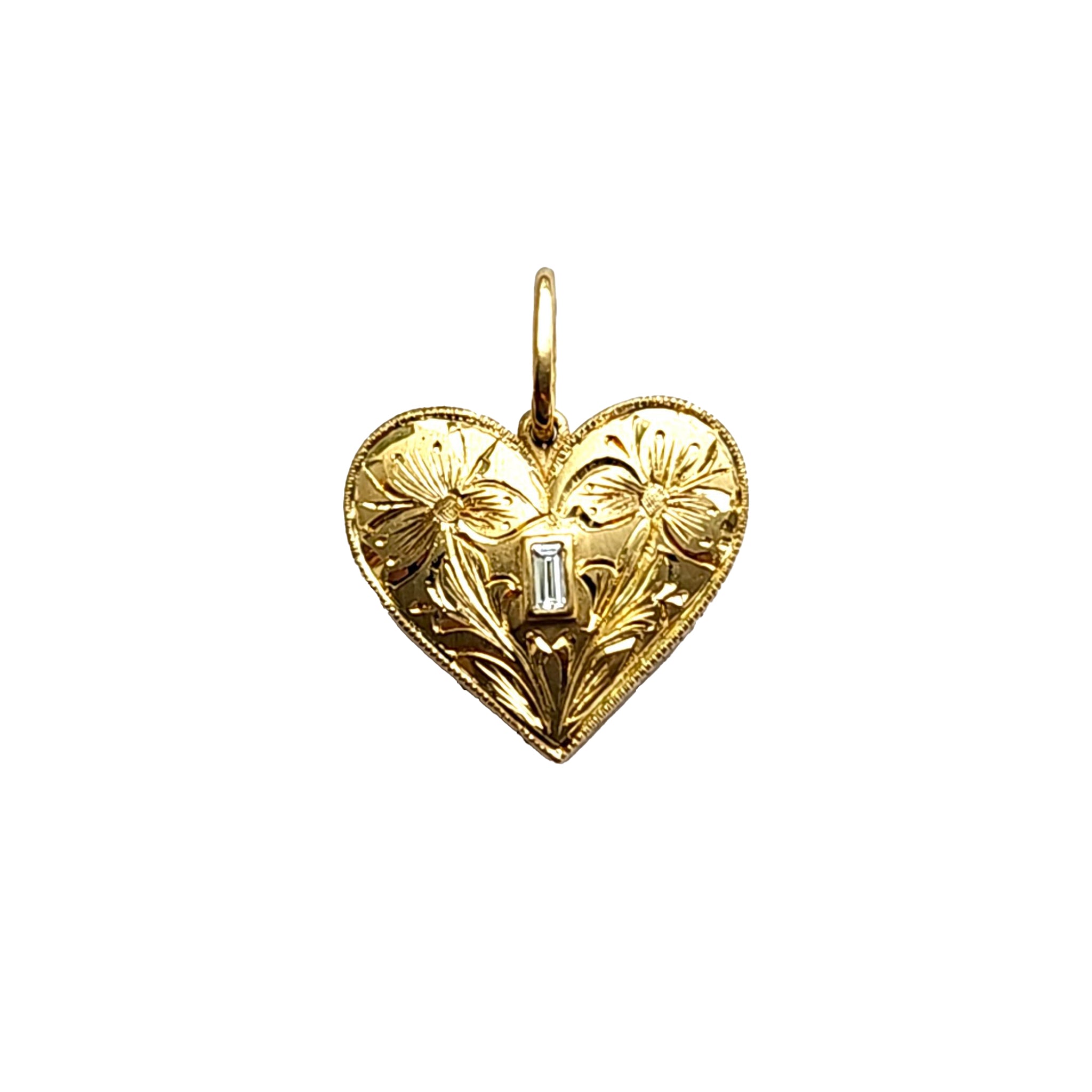 18K Gold Hand Engraved Medium Heart Baguette Diamond Charm Pendant - Elegant Necklace for Women, Perfect Gift for Anniversary, Valentine's Day & Special Occasions