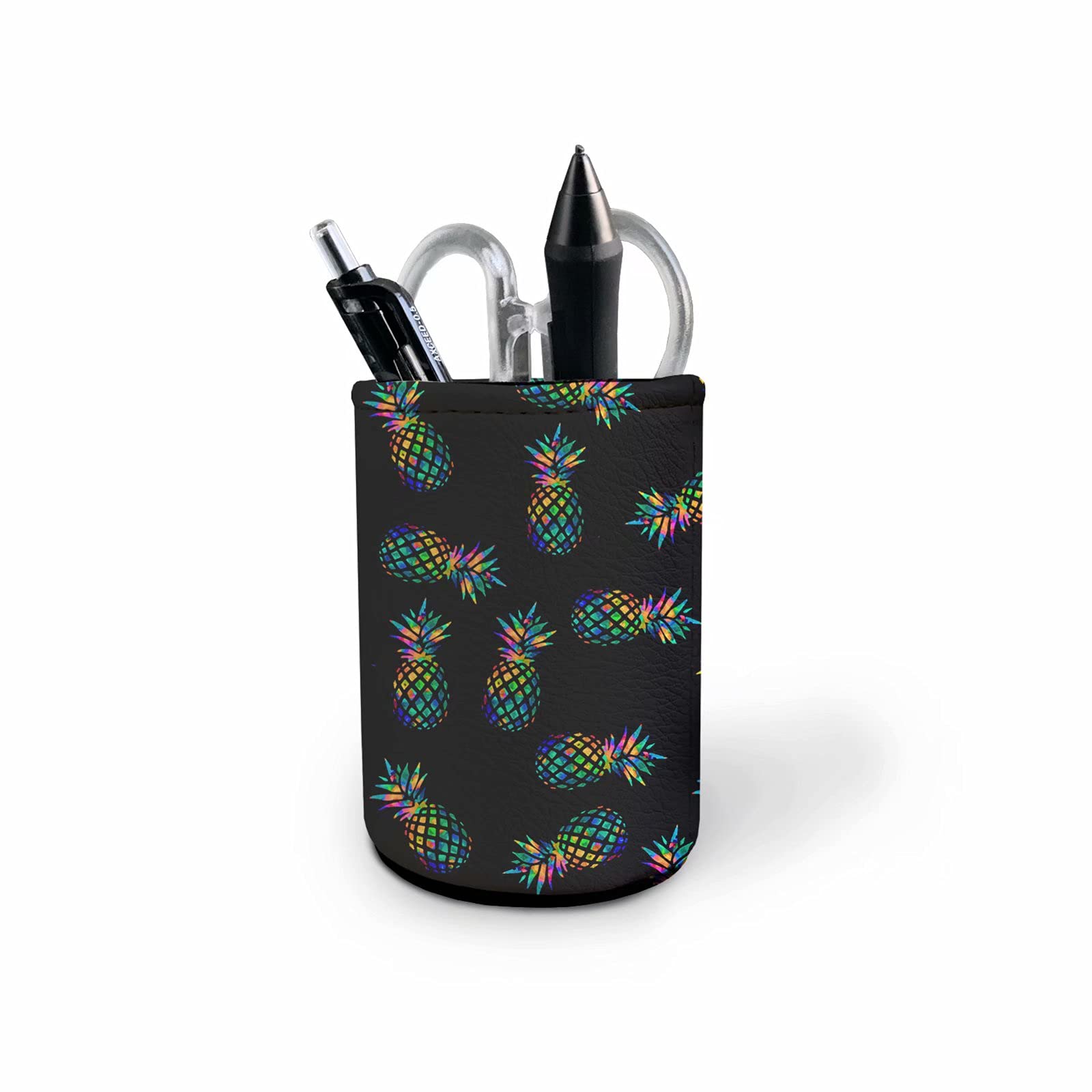 Punk Pineapple Print PU Leather Pen Holder - Black Round Desk Organizer for Office, School, Makeup Brushes | Stylish Pencil Cup & Stationery Storage | Perfect for Work Desks, Study Tables & Vanity Organizing