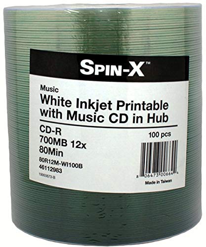 Spin-X 500 12X Speed Digital Audio Music CD-R 80min 700MB White Inkjet Printable Discs - Perfect for Music Recording, Data Backup & Archiving (50-Pack)
