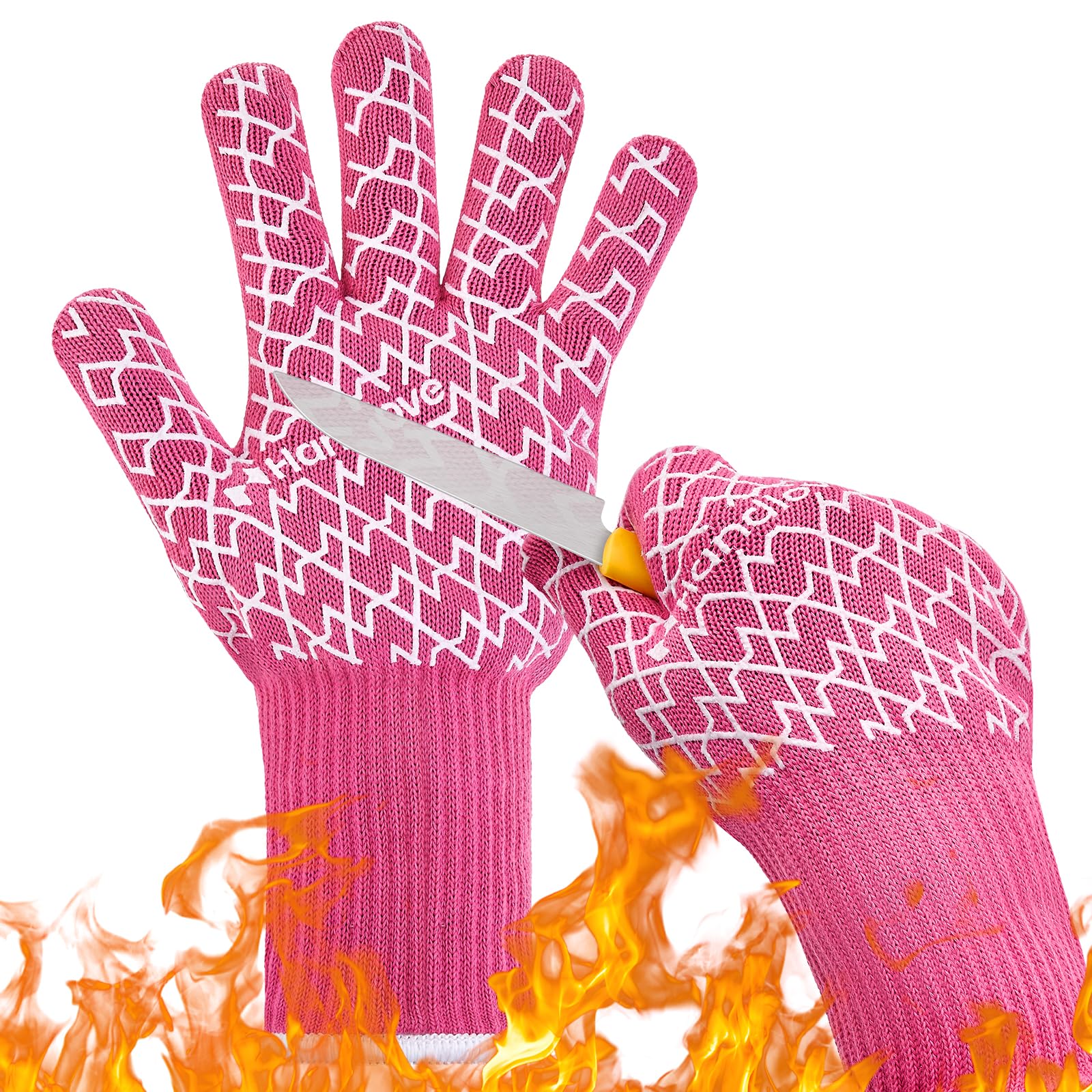 Heat Resistant BBQ Gloves - Fireproof Grilling & Oven Mitts for Professional Chefs & Home Cooks - Silicone Grip, Extended Cuff Protection - Perfect for Outdoor Barbecue, Camping, Baking & Kitchen Cooking (Pink)