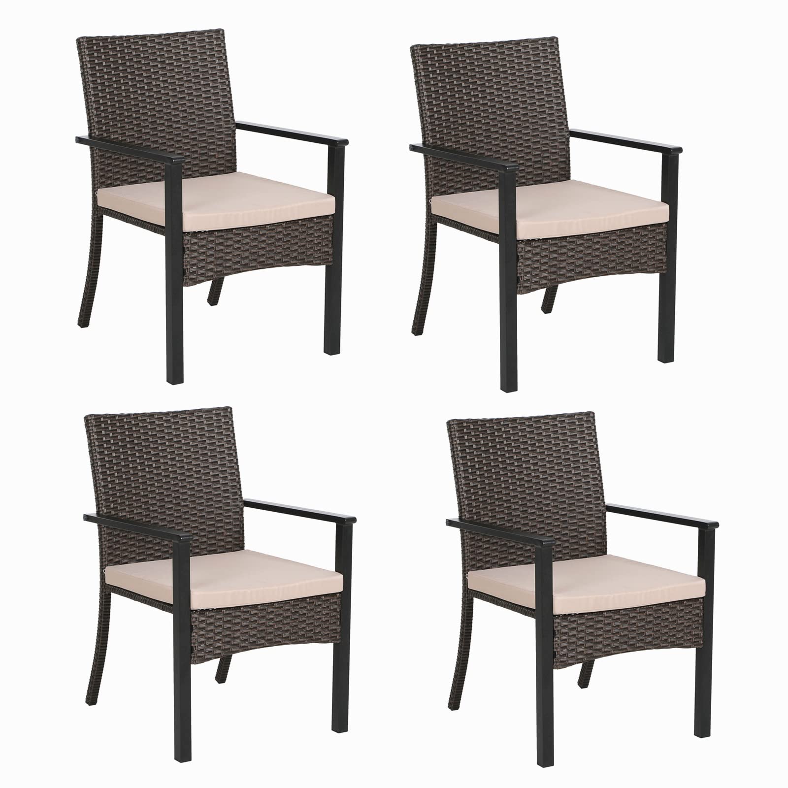 MFSTUDIO 4-Piece Patio Rattan Outdoor Wicker Chair Set with Cushions - Brown Woven Wicker Dining Chairs for Porch, Garden & Backyard - Extra Wide Seating for Comfortable Outdoor Entertaining