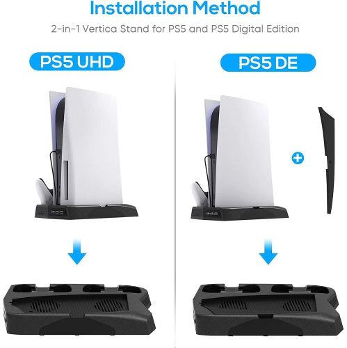 3 in 1 Vertical Stand with Dual Cooling Fans & Charging Dock for PS5 Console & Digital Edition - Fast Charging Station with Controller Ports for Gaming Setup & Entertainment Center