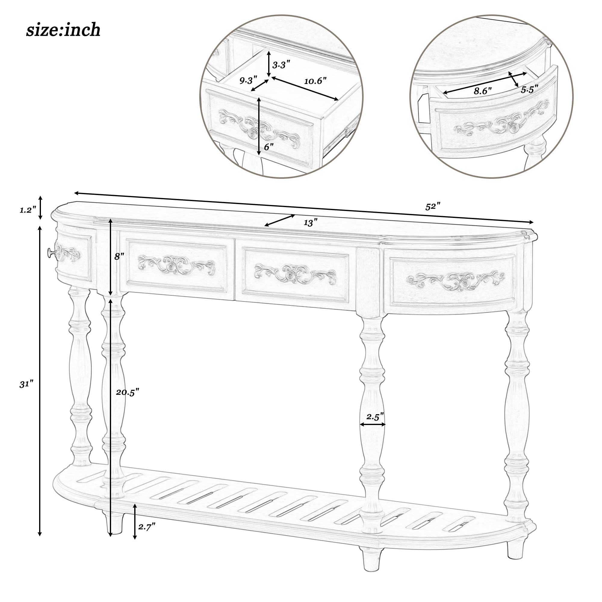 P PURLOVE Curved Console Table with 4 Drawers - Retro Solid Wood Sofa Table with Sturdy Frame & Legs - Half Moon Entryway Table for Living Room, Kitchen, Hallway - Antique Gray Finish - Perfect for Small Spaces & Home Decor