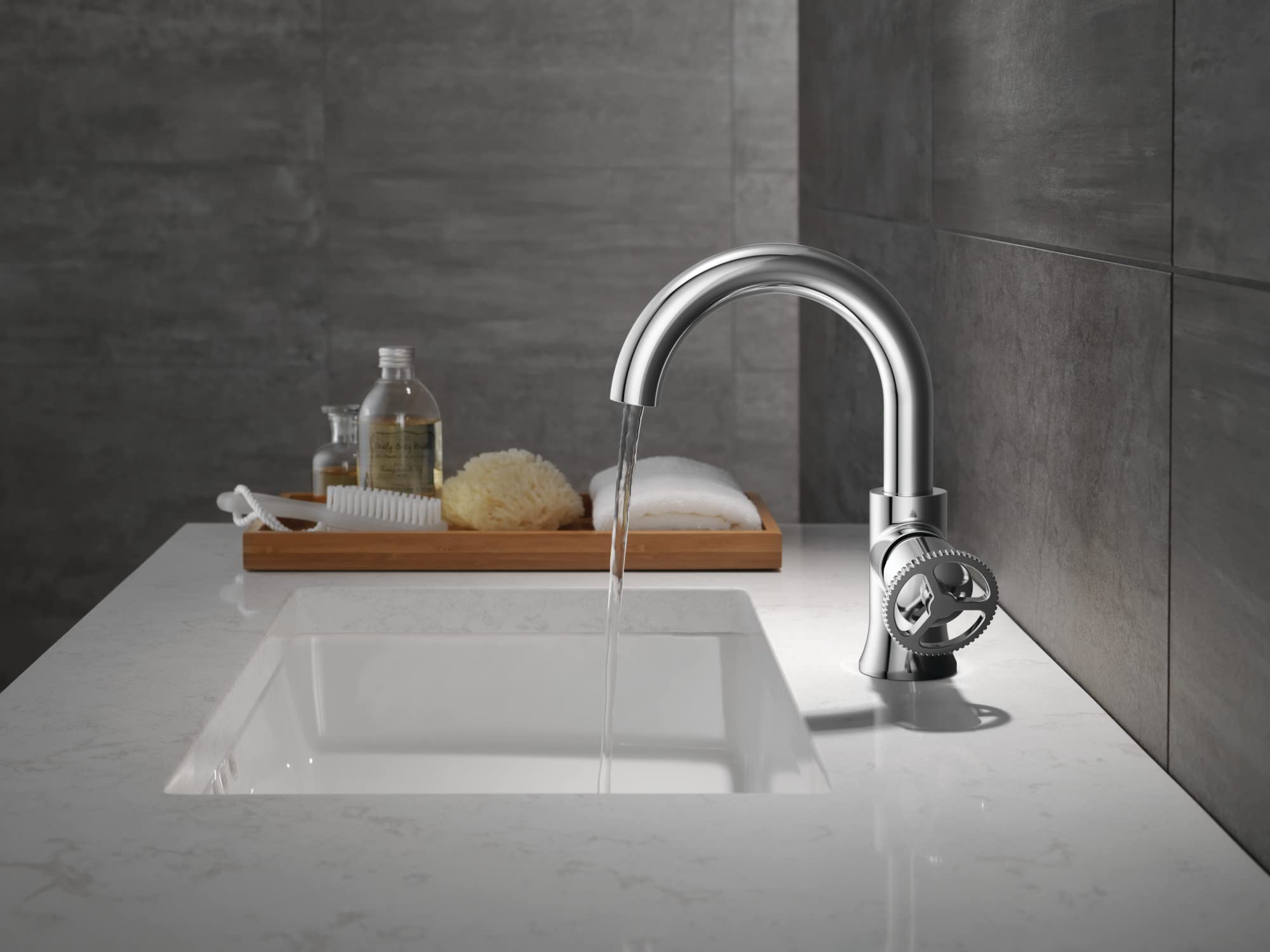 Delta Trinsic Single Hole Bathroom Faucet - Chrome 558HAR-DST with Diamond Seal Technology | Single Handle Bathroom Sink Faucet with Drain Assembly | Perfect for Modern Vanities, Guest Bathrooms & Small Spaces