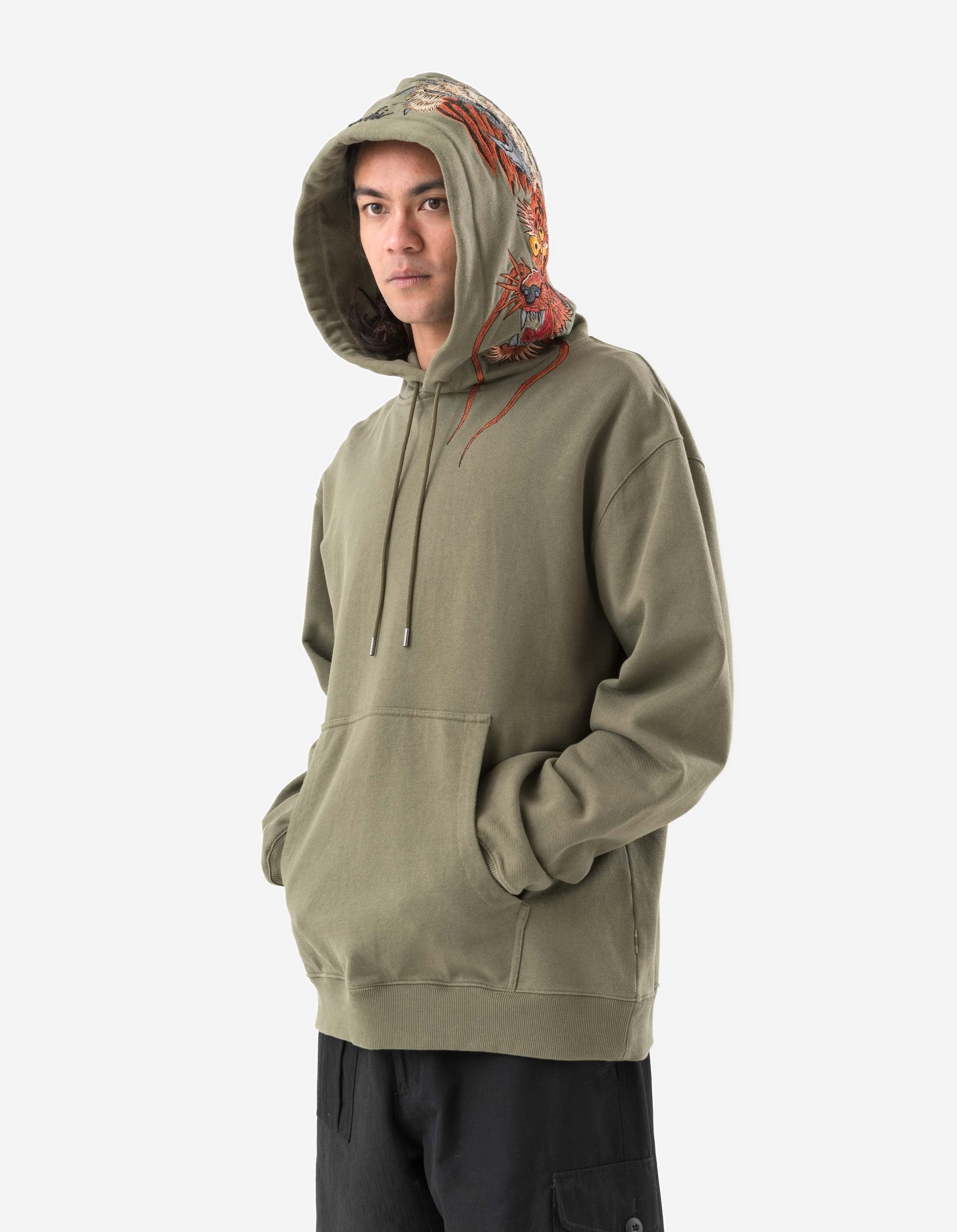 6096 Tiger Dragon Hooded Sweatshirt - Olive Green OG 107F Military Style Pullover for Streetwear & Urban Fashion