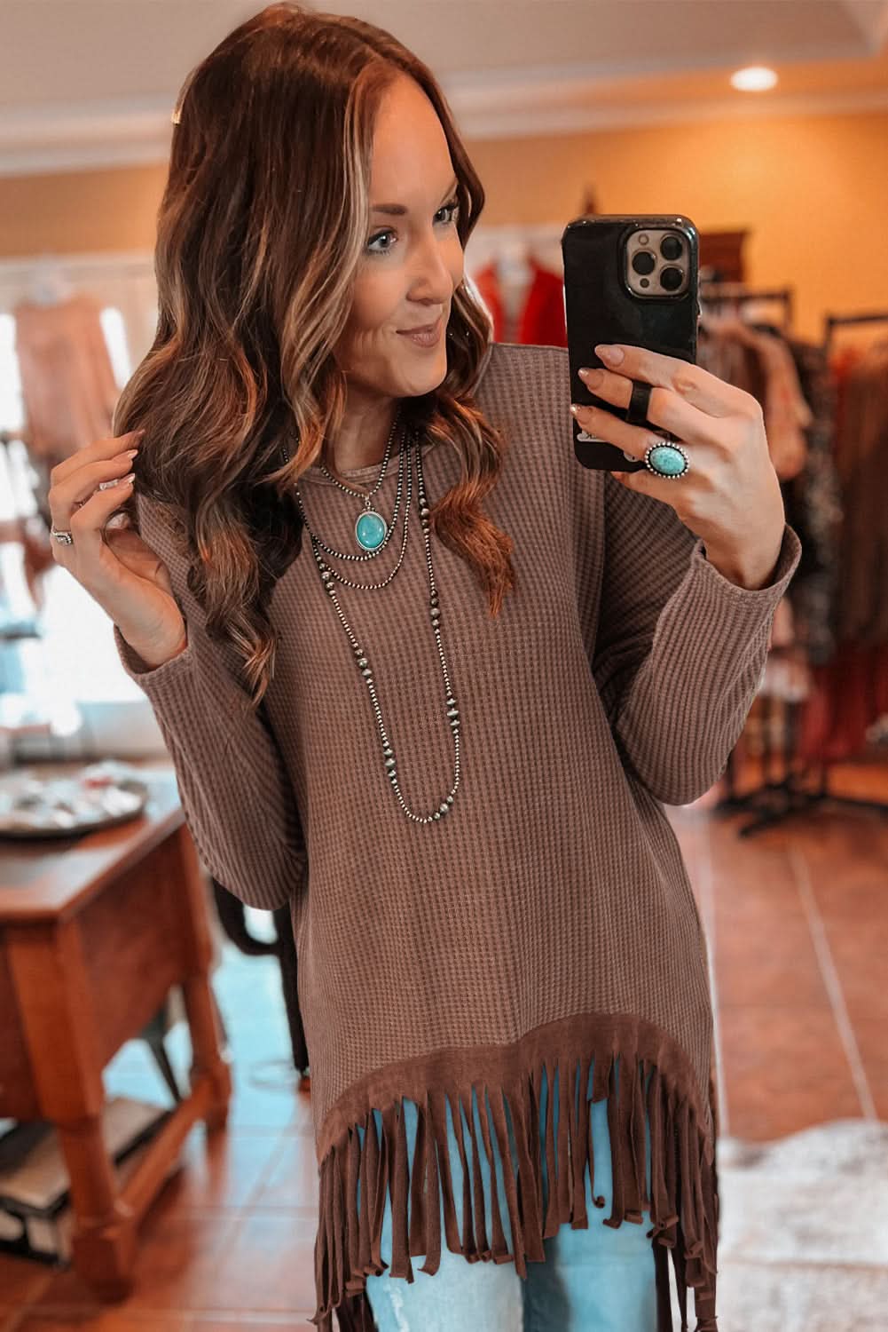 Stylish Knit Coffee-Themed Sweater with Fringe Details - Perfect for Casual Outings & Coffee Dates