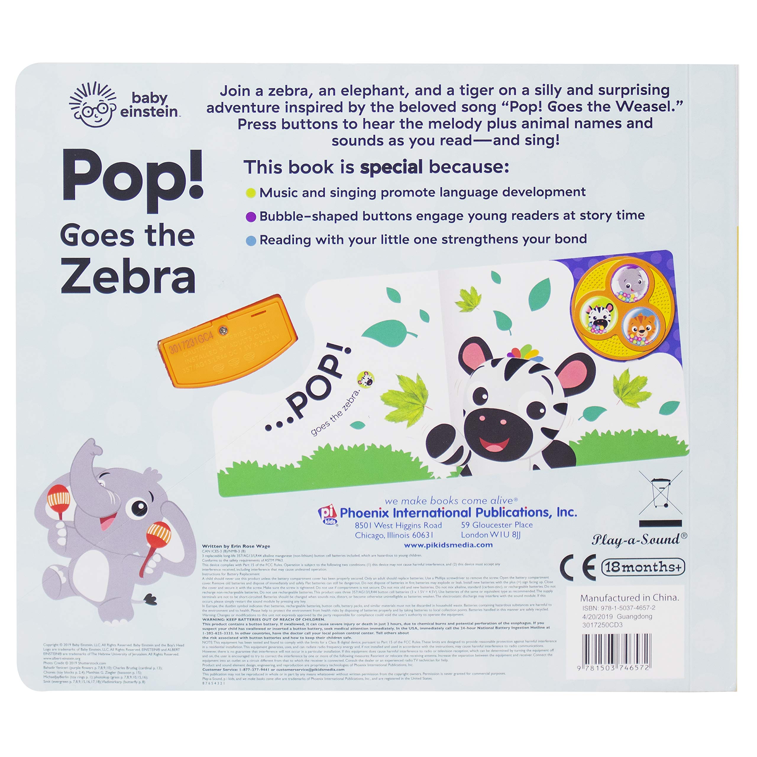 Baby Einstein Pop! Goes the Zebra - Interactive Popping Button Sound Book for Toddlers - Early Learning Musical Toy - Perfect for Playtime, Storytime & Sensory Development (PI Kids)