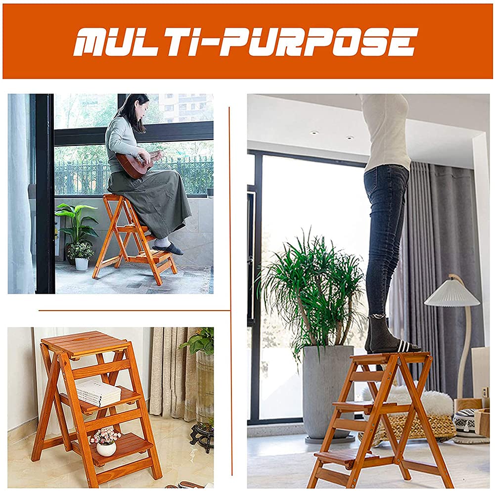 KAZUP 3-Step Wooden Folding Step Stool - Lightweight, Sturdy Indoor Ladder Chair for Home, Library, and Garden Use - Perfect for Reaching High Shelves and Storage Spaces