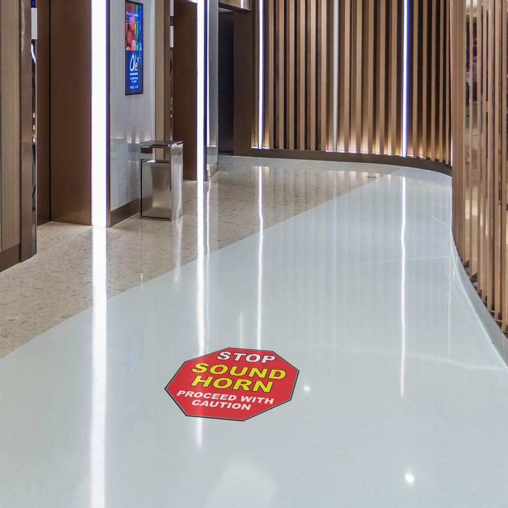 Red Anti-Slip Stop Floor Decals - 36 Inch Round Industrial Safety Signs with Sound Horn Warning | Caution Proceed Stickers for Warehouse, Factory & Construction Site Safety