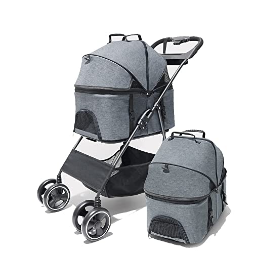 LSVGOE Pet Stroller for Cats & Dogs - Foldable Travel Carrier with Storage Basket & Cup Holder | Lightweight Detachable Design for Small to Medium Pets | Perfect for Park Walks, Vet Visits & Shopping Trips (Grey)