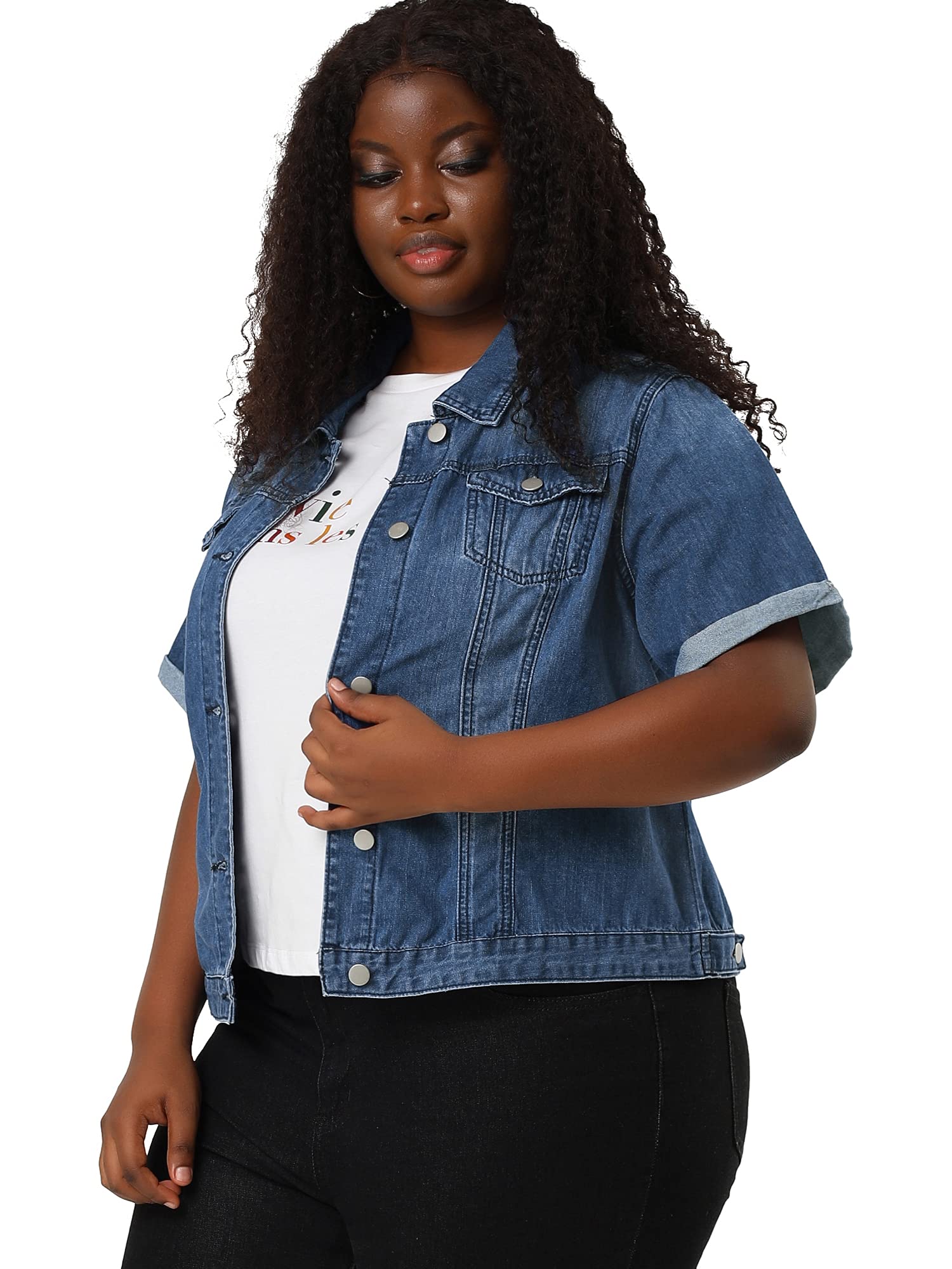 Agnes Orinda Women's Plus Size Denim Jacket - Button Front Work Crop Jean Jacket with Short Sleeves | Trendy 2025 Fashion | Perfect for Casual Outings, Work Wear & Spring Layering